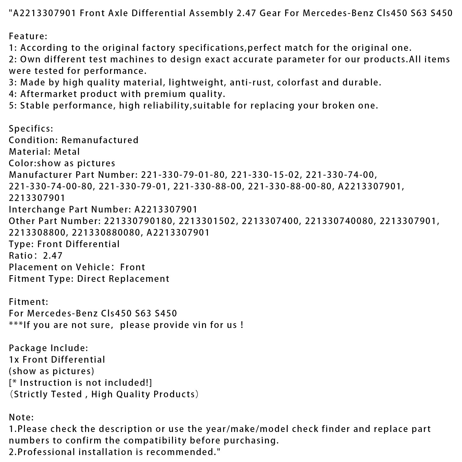 Mercedes-Benz CLS450 S63 S450 Front Axle Differential Assembly 2.47 Gear A2213307901