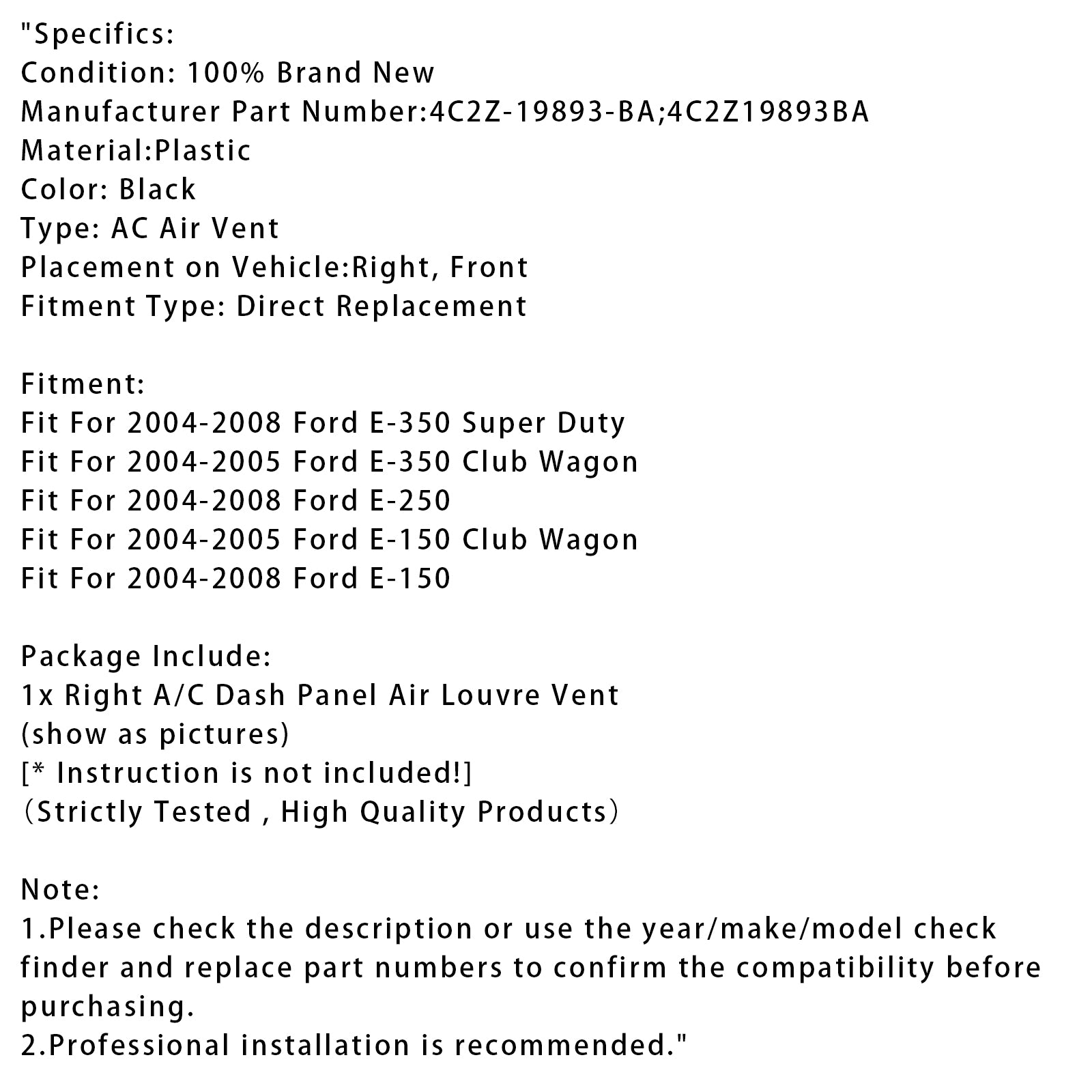 Ohrievač Ac Dash Panel Air Louvre Vent pre Ford E-150 E-250 4C2Z19893BA