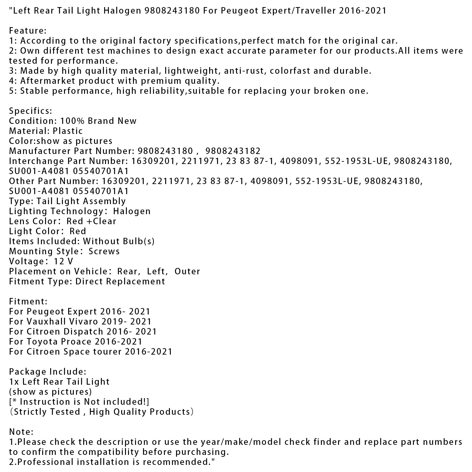 Left Rear Tail Light Halogen 9808243180 For Peugeot Expert/Traveller 2016-2021