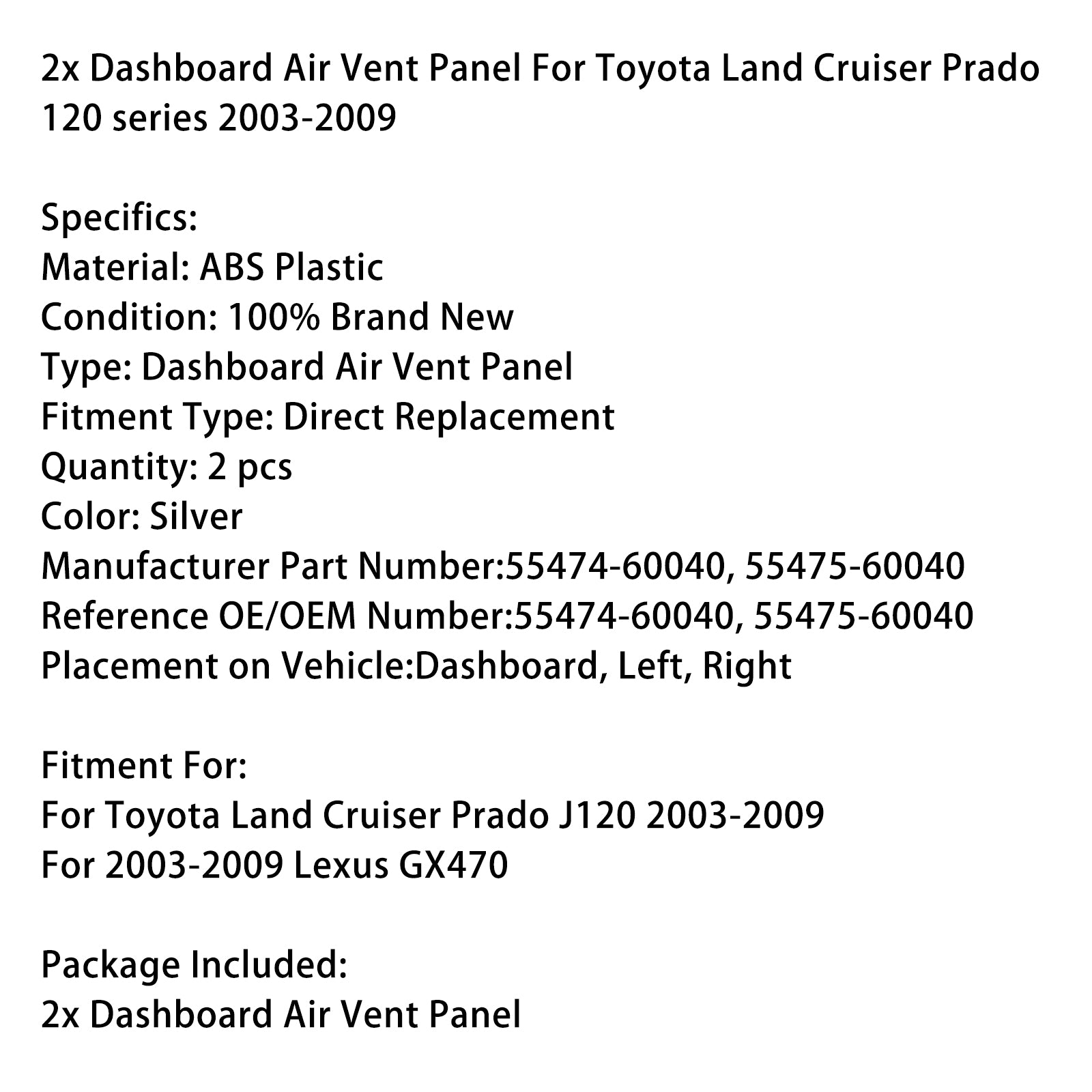 2003-2009 Toyota Land Cruiser Prado 120 Série 2x Panneau d'aération du tableau de bord