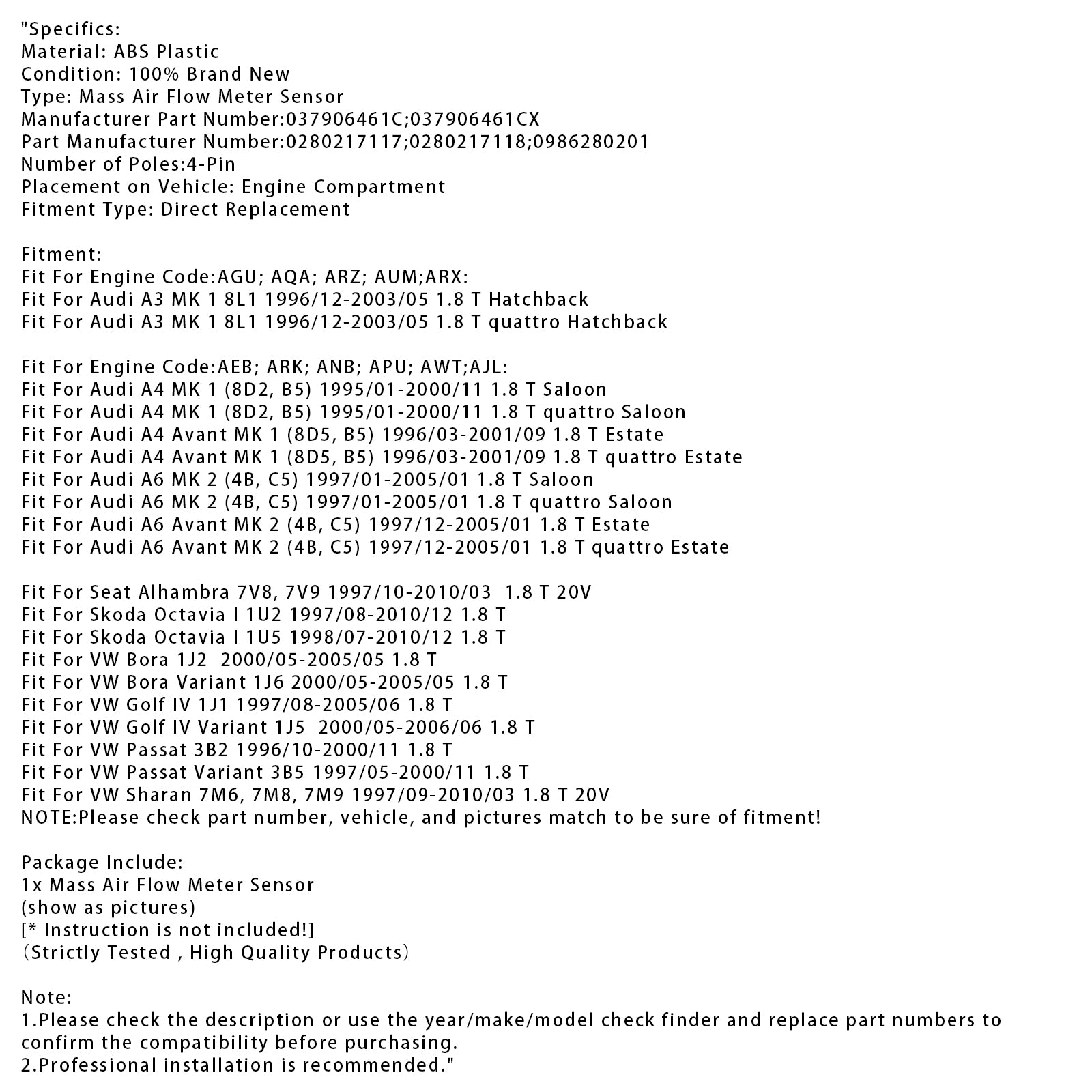Capteur de flux d'air de masse pour Audi A3 A4 A6 1.8T VW Jetta Passat 0280217117