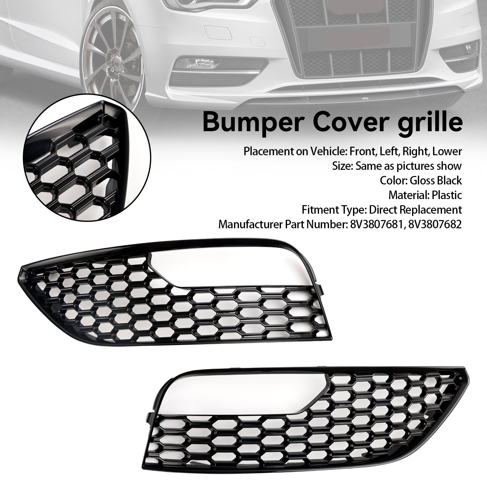 2012-2016 Audi A3 S3 Mesh Front Bumper Fog Light Surround Cover Grille 2PCS