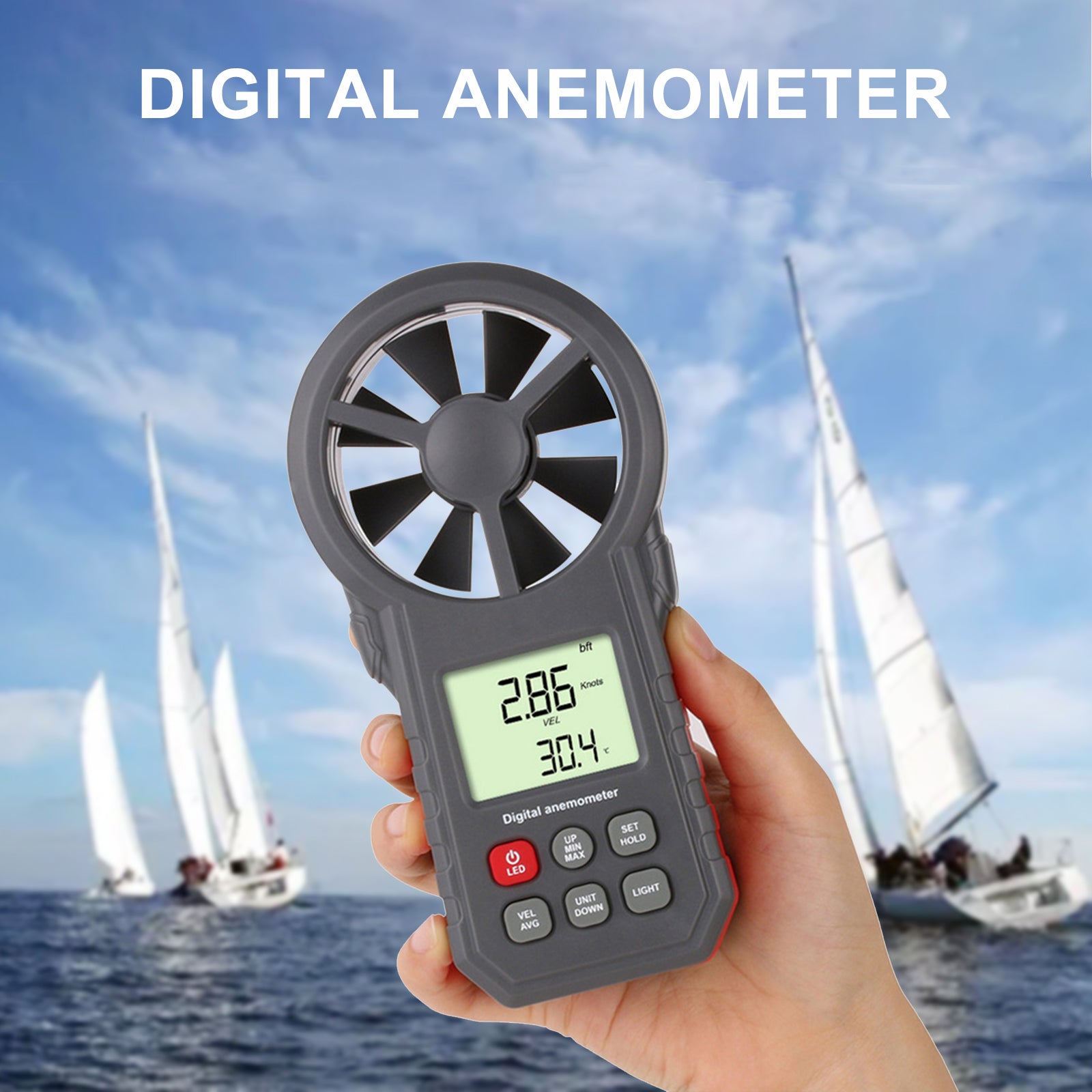 LCD Digitale Anemometer Thermometer Luchtstroommeter Windsnelheidsmeter 0-30M/s