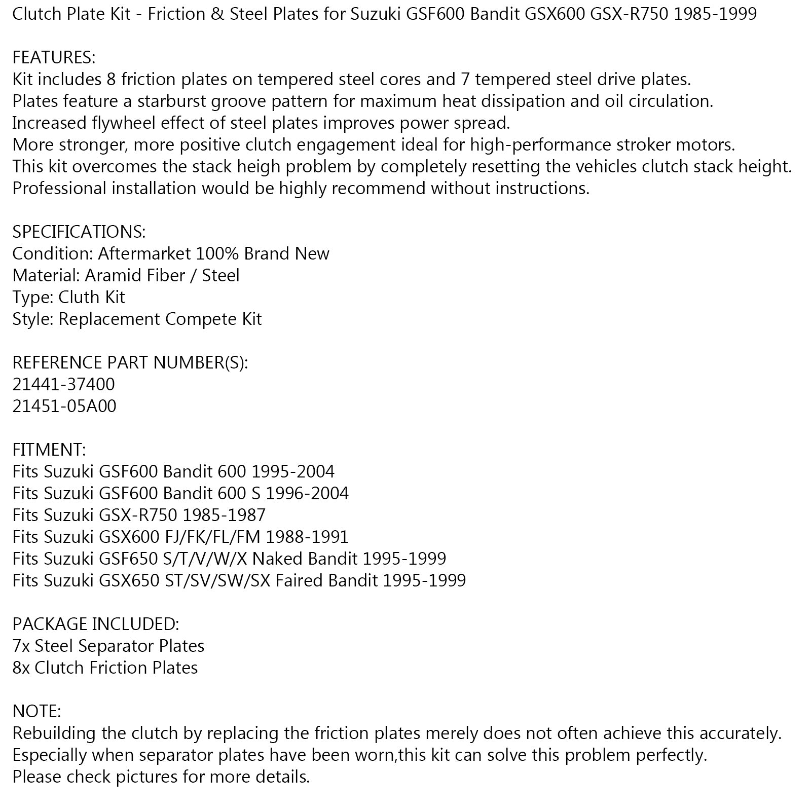 1985-1999 Suzuki GSF600 Bandit GSX-R750 Clutch Kit Steel & Friction Plates