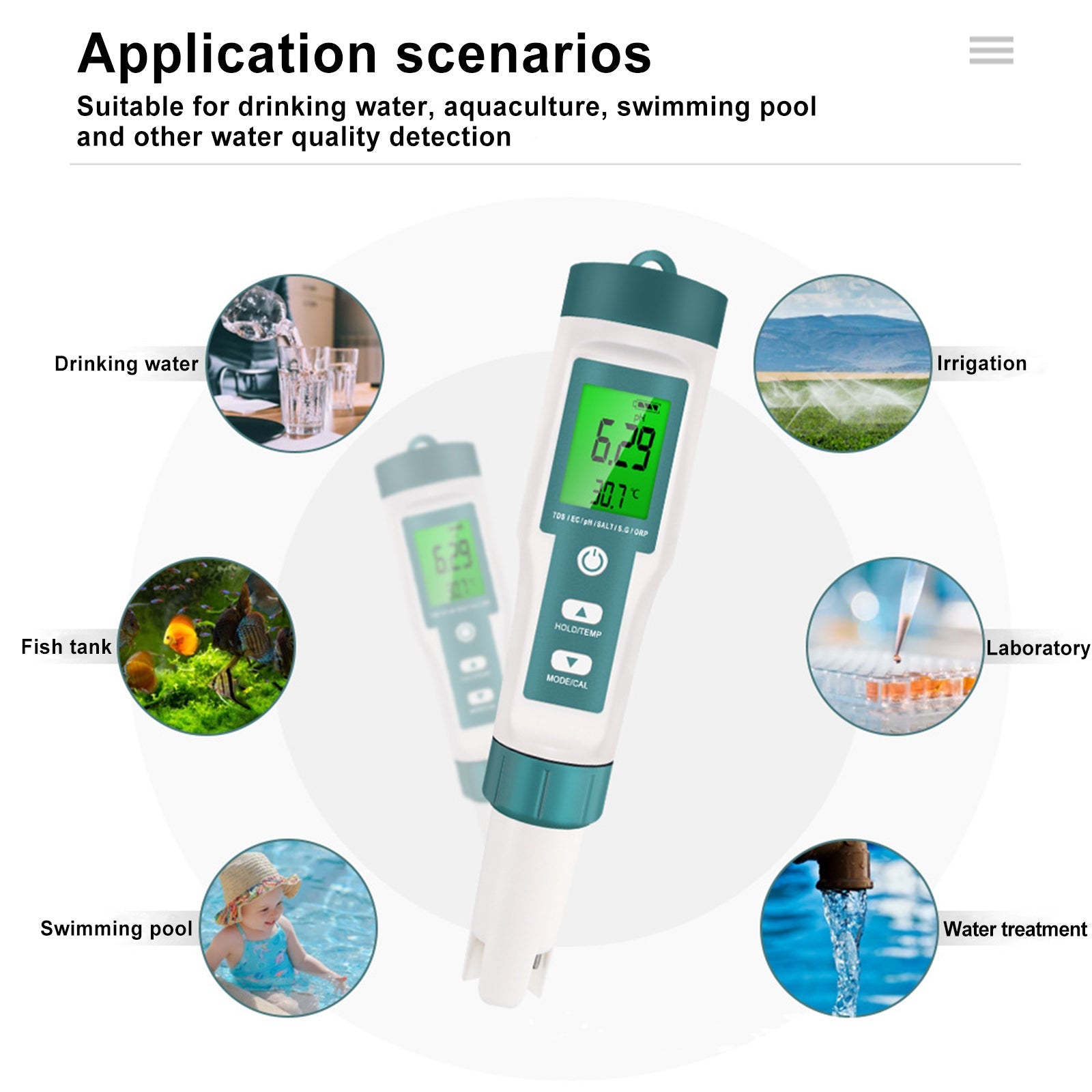 Testeur de qualité de l'eau rétro-éclairé 7 en 1 PH/TDS/EC/ORP/TEMP/SG/salinité