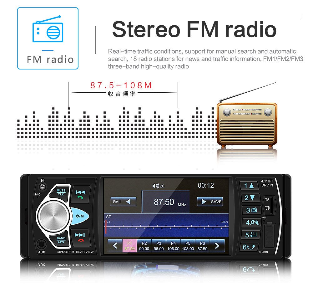 4.1In Car Radio Stereo 1DIN Bluetooth FM USB AUX Audio MP5 Player with Camera