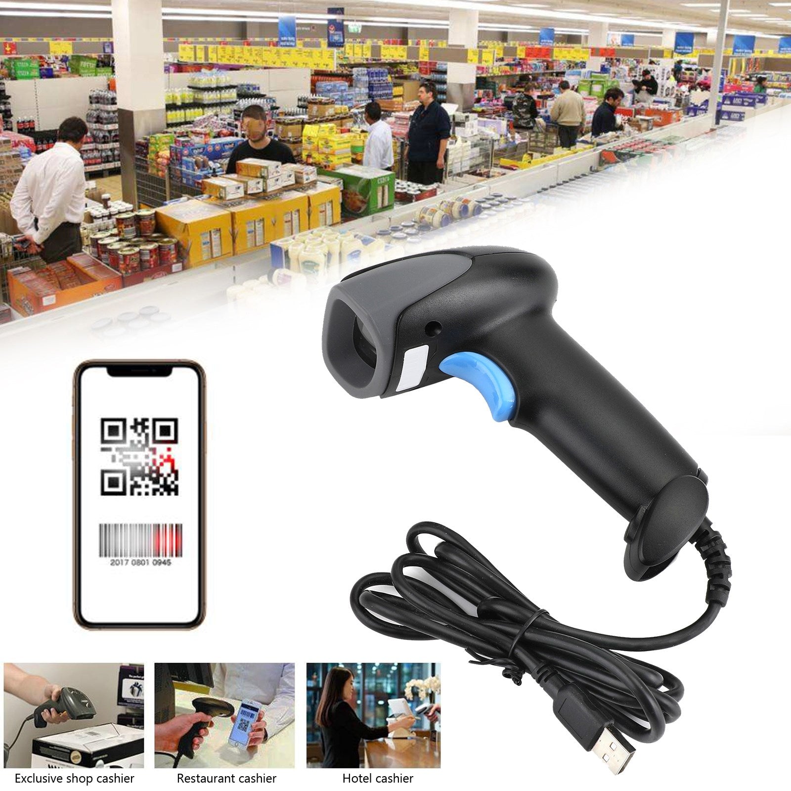 Automatische USB-bekabelde barcodescanner M930 1D + 2D-codelezerpistool voor supermarkt