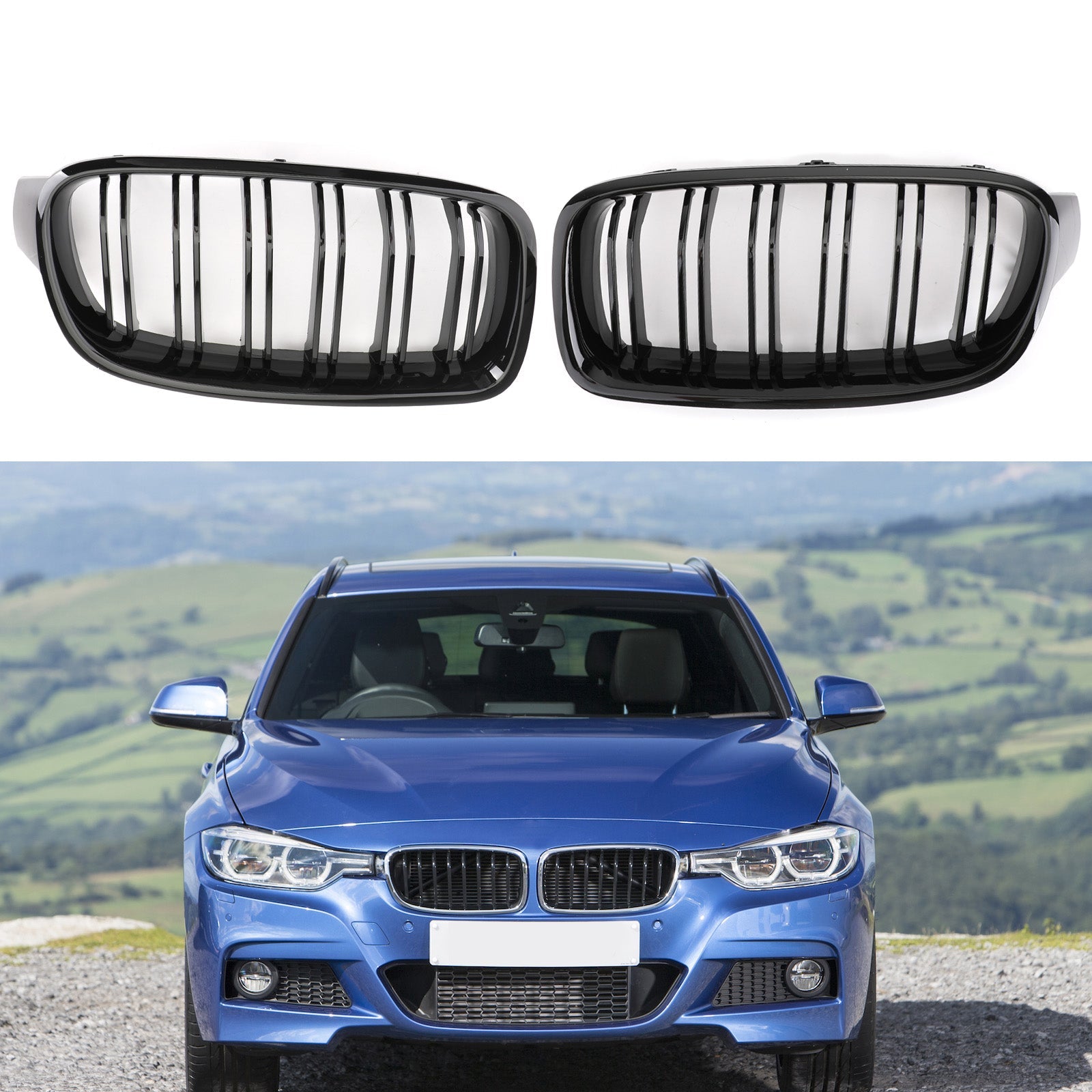 2012-2017 BMW 3 Series F30 F35 Dual Slats Gloss Black Front Kidney Grille