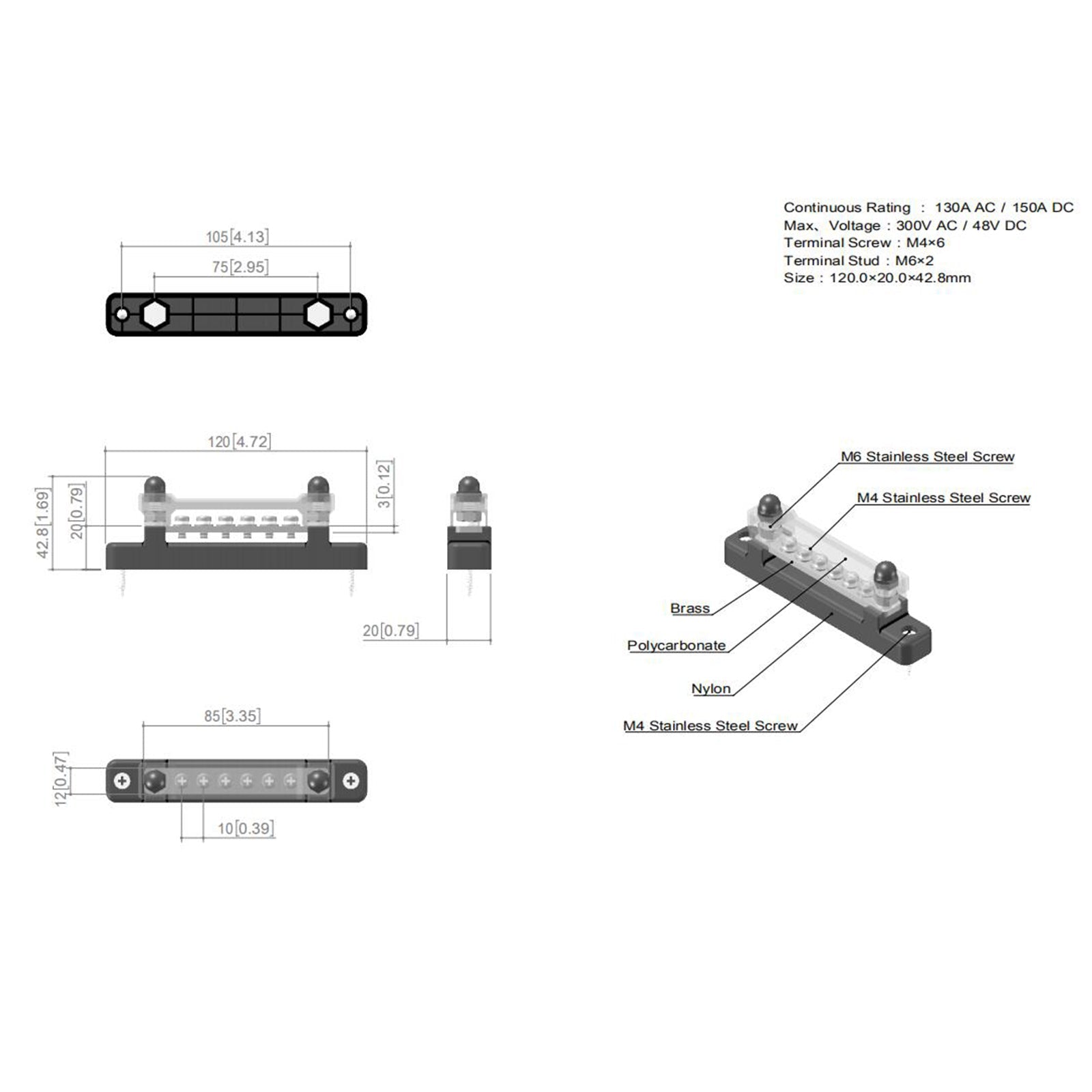 6 Way 150A Distribution Terminal Block Car Marine Boat Holder Cover 48V Bus Bar