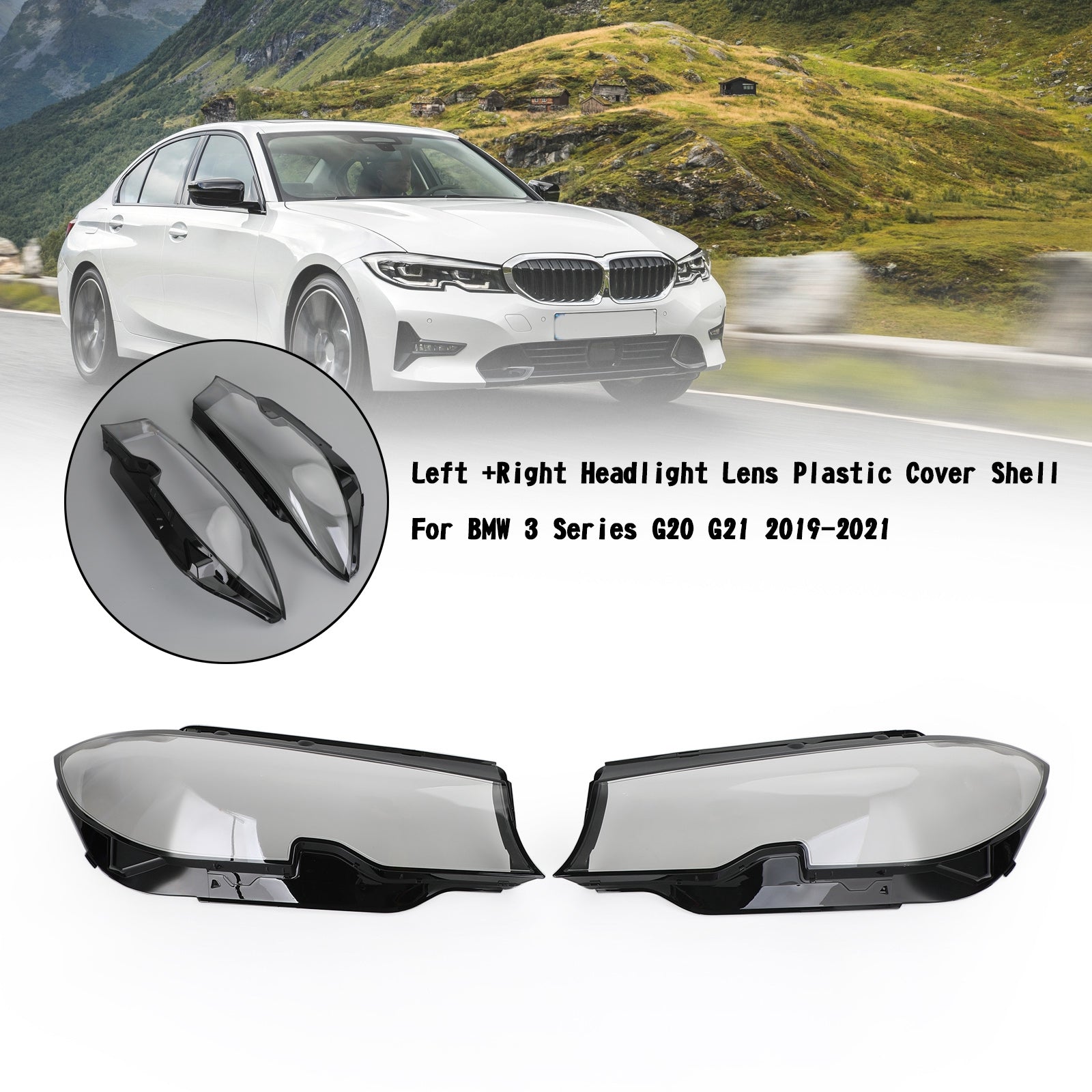 Left +Right Headlight Lens Plastic Cover Shell For BMW 3 Series G20 G21 19-21