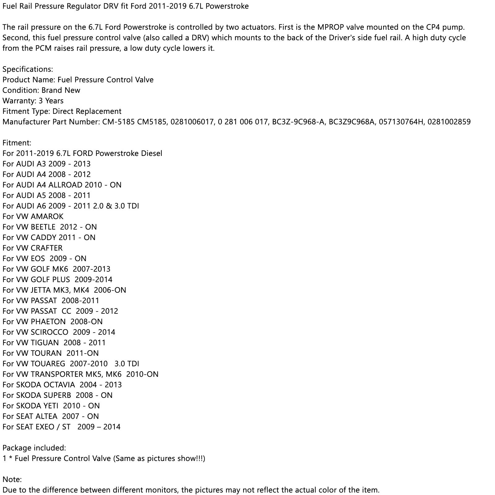 Brandstofraildrukregelaar DRV Fit Ford 2011-2019 6.7L Powerstroke 0281006017 Generiek