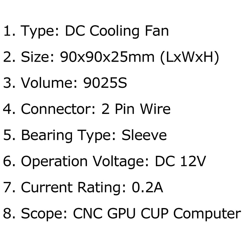 1Pcs DC Brushless Cooling Fan 12V 0.2A 9025S 90x90x25mm 2 Pin CUP Computer Fan