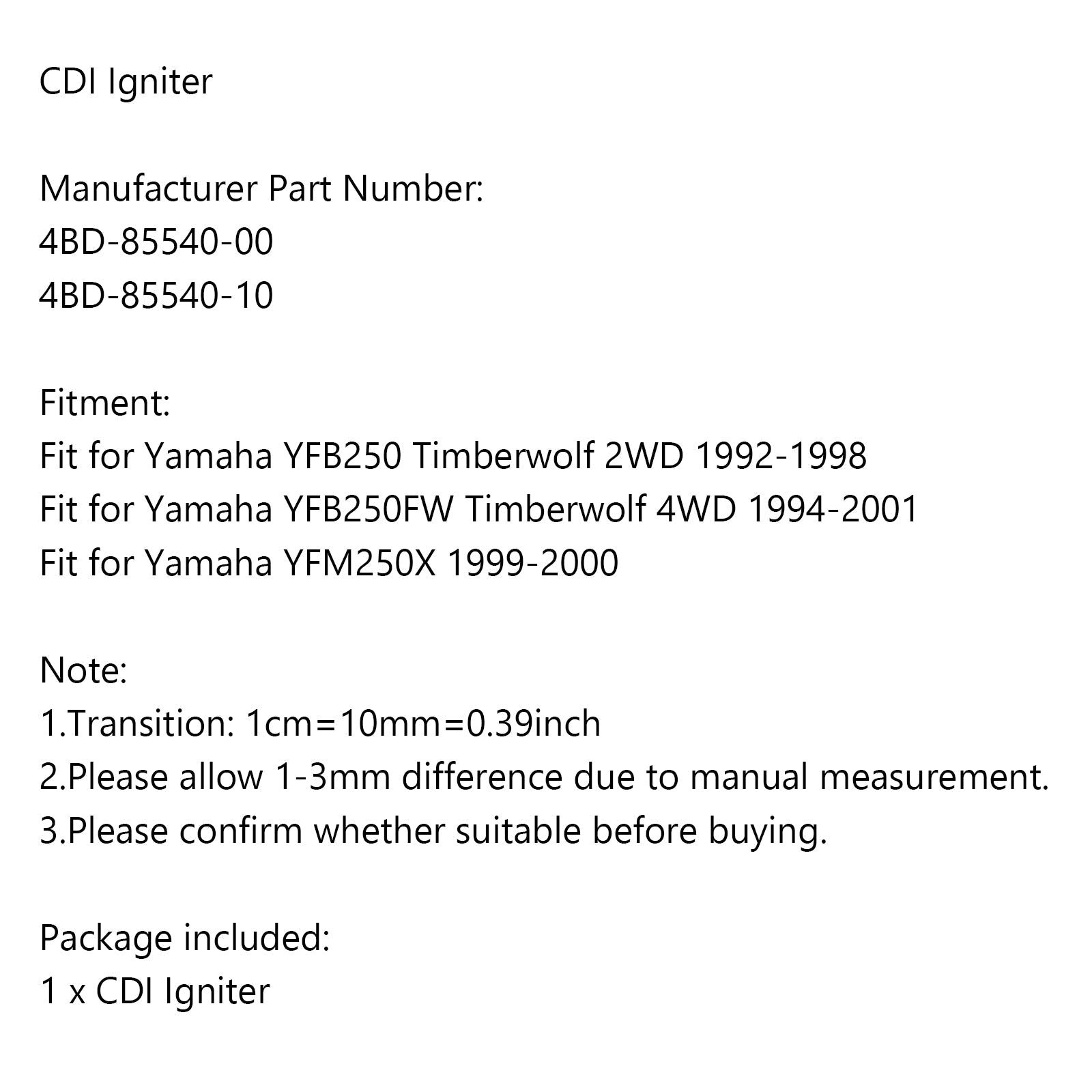 CDI Igniter fit for Yamaha YFB250 Timberwolf YFB250FW YFM250X 4BD-85540-10 Generic