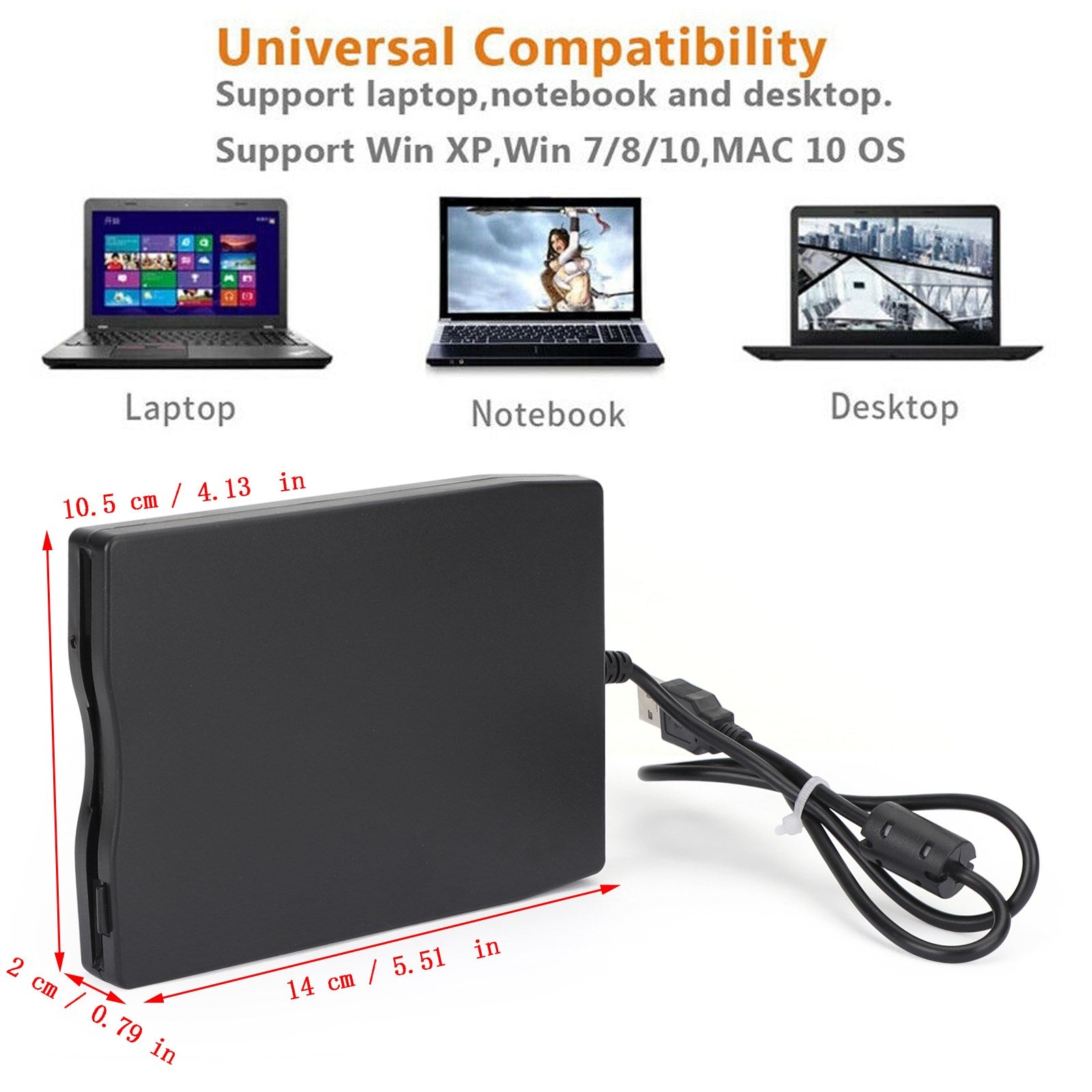 USB 2.0 3,5" Lecteur de disquette externe de données 1,44 Mo pour ordinateur portable Win 7/8/10 Mac