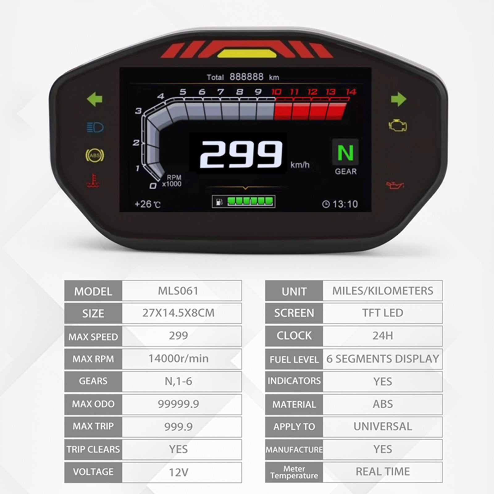 Universele motorfiets TFT digitale snelheidsmeter 14000 tpm 6 versnellingen achtergrondverlichting kilometerteller