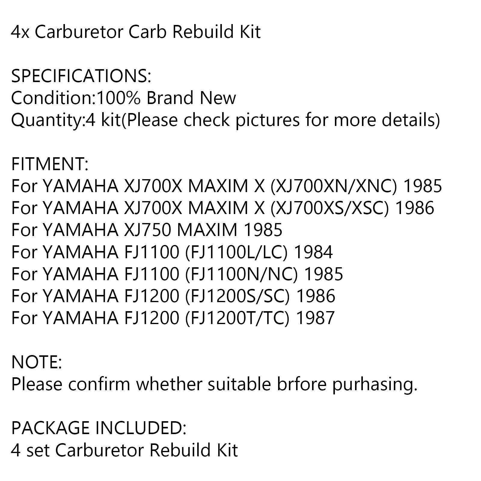 4 sett forgasser reparasjonssett for Yamaha XJ700 Maxim X 700 XJ750 FJ1100 FJ1200 Generisk