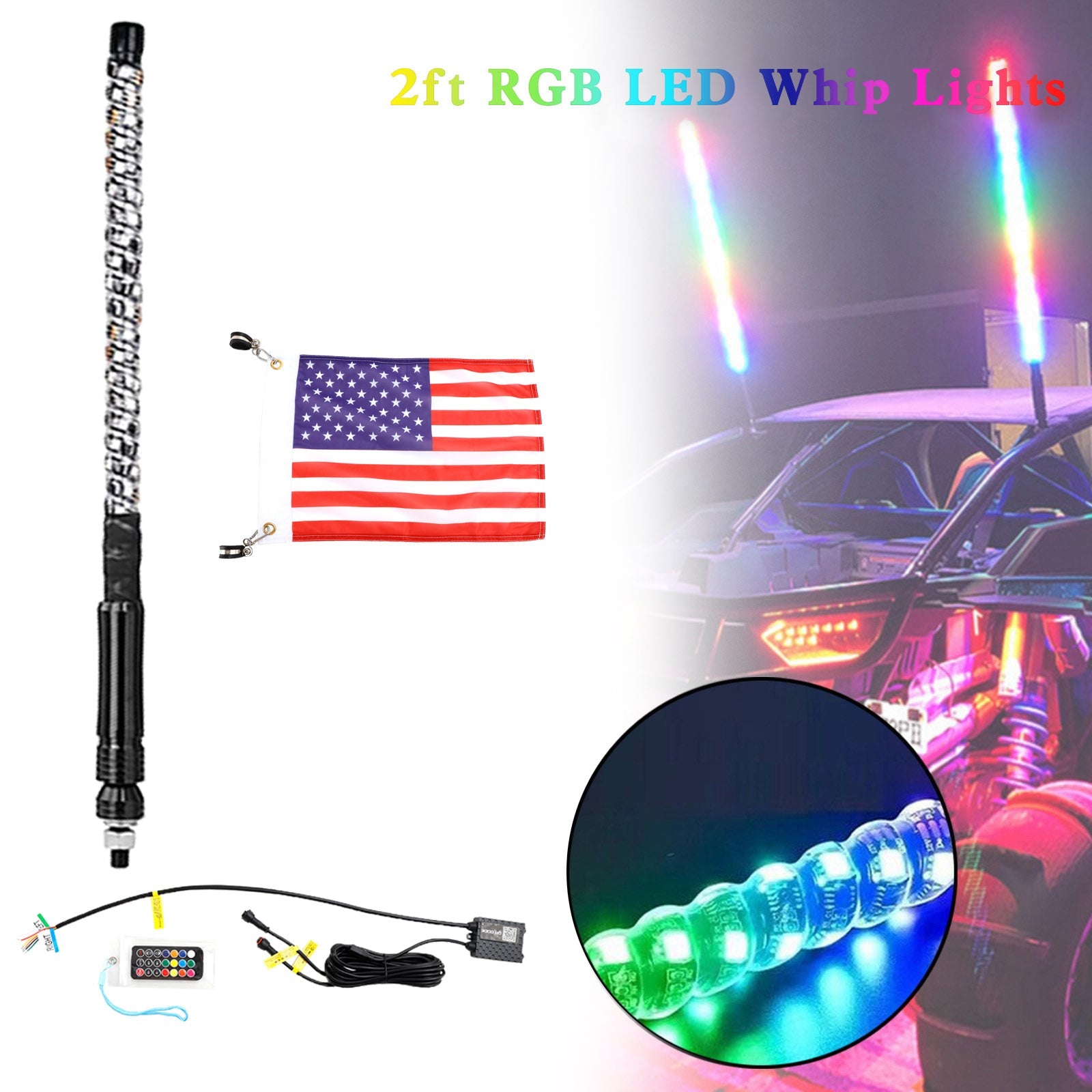 Antenne fouet avec application LED RGB de 2 pieds, avec télécommande drapeau, pour Polaris UTV ATV