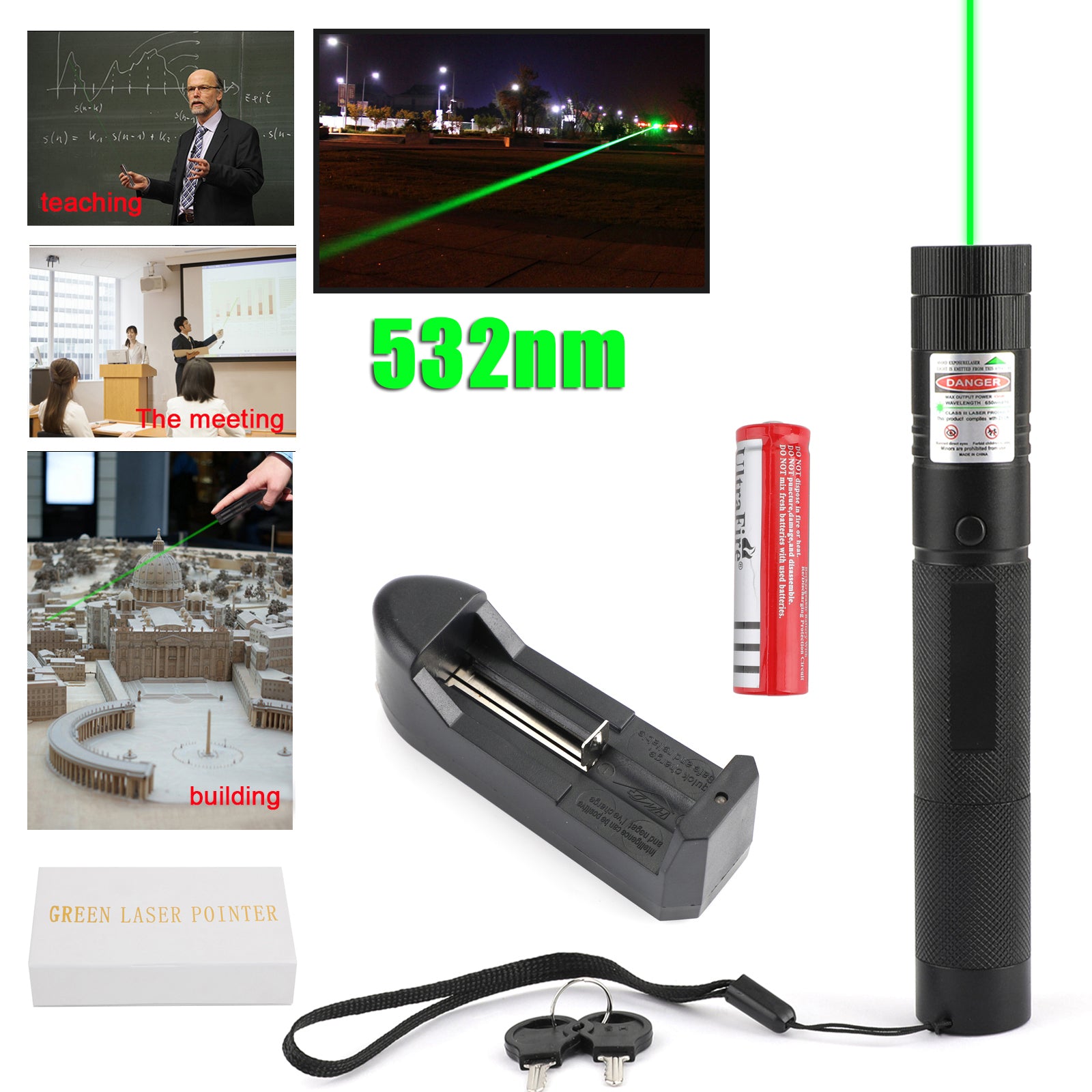 18650 Rechargeable Battery 500Mile 532nm 303 Green Laser Pointer Visible Beam Light Lazer Pen