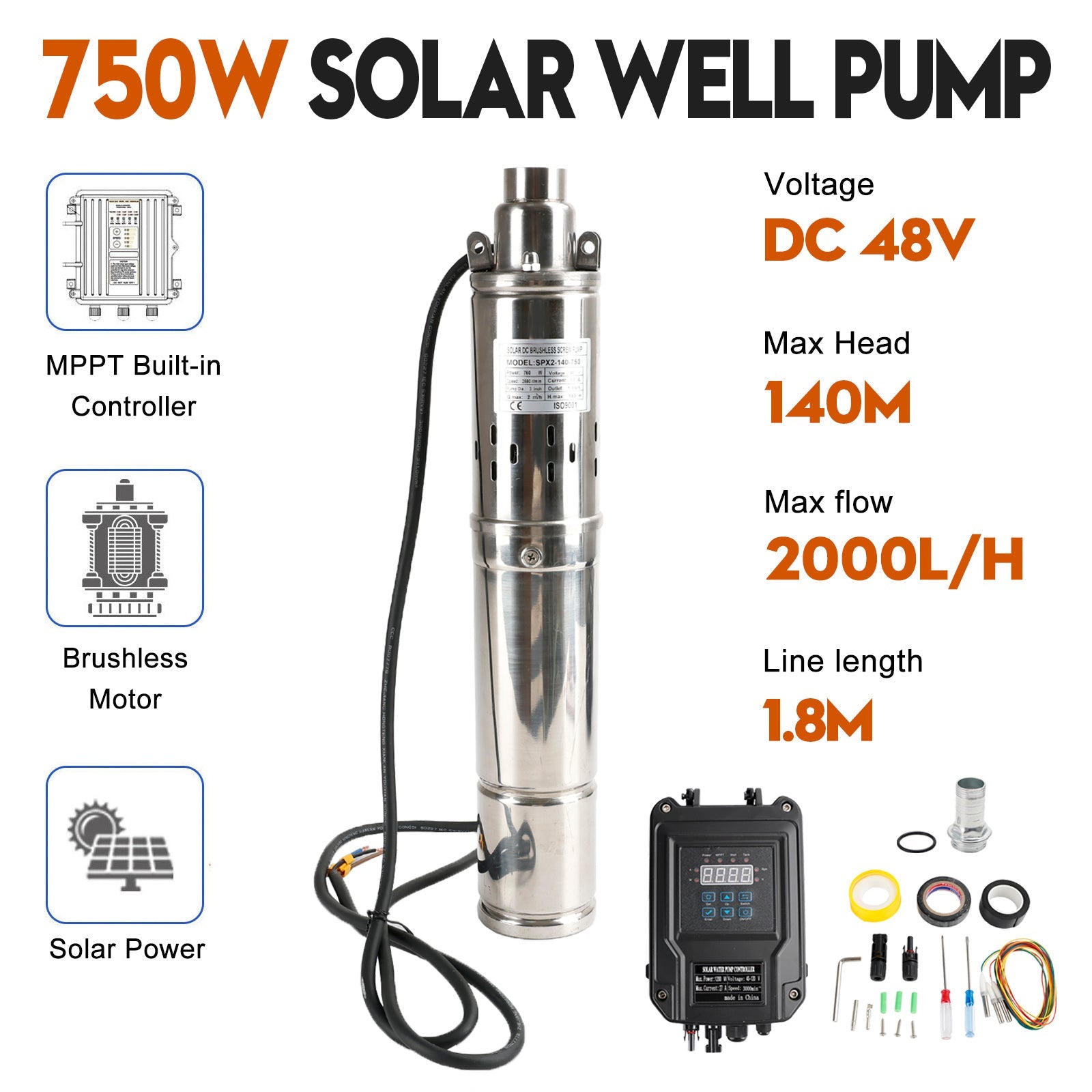 3 "48V 750W MPPT-schroef zonne-boring pomp diep putgat staal met duikvermogen