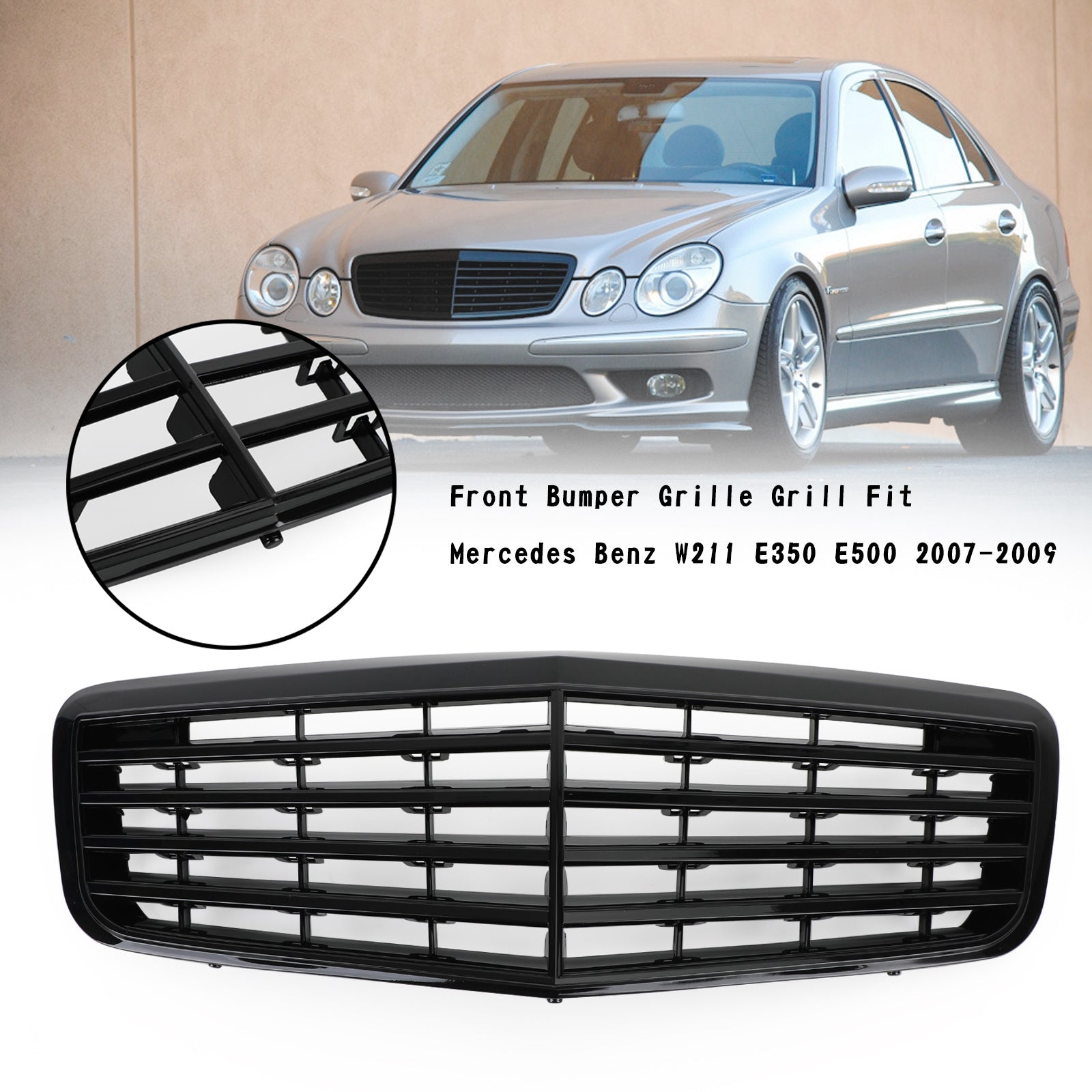 2007-2009 Mercedes Benz W211 E350 E500 E63 AMG Front Bumper Grille Grill Gloss Black