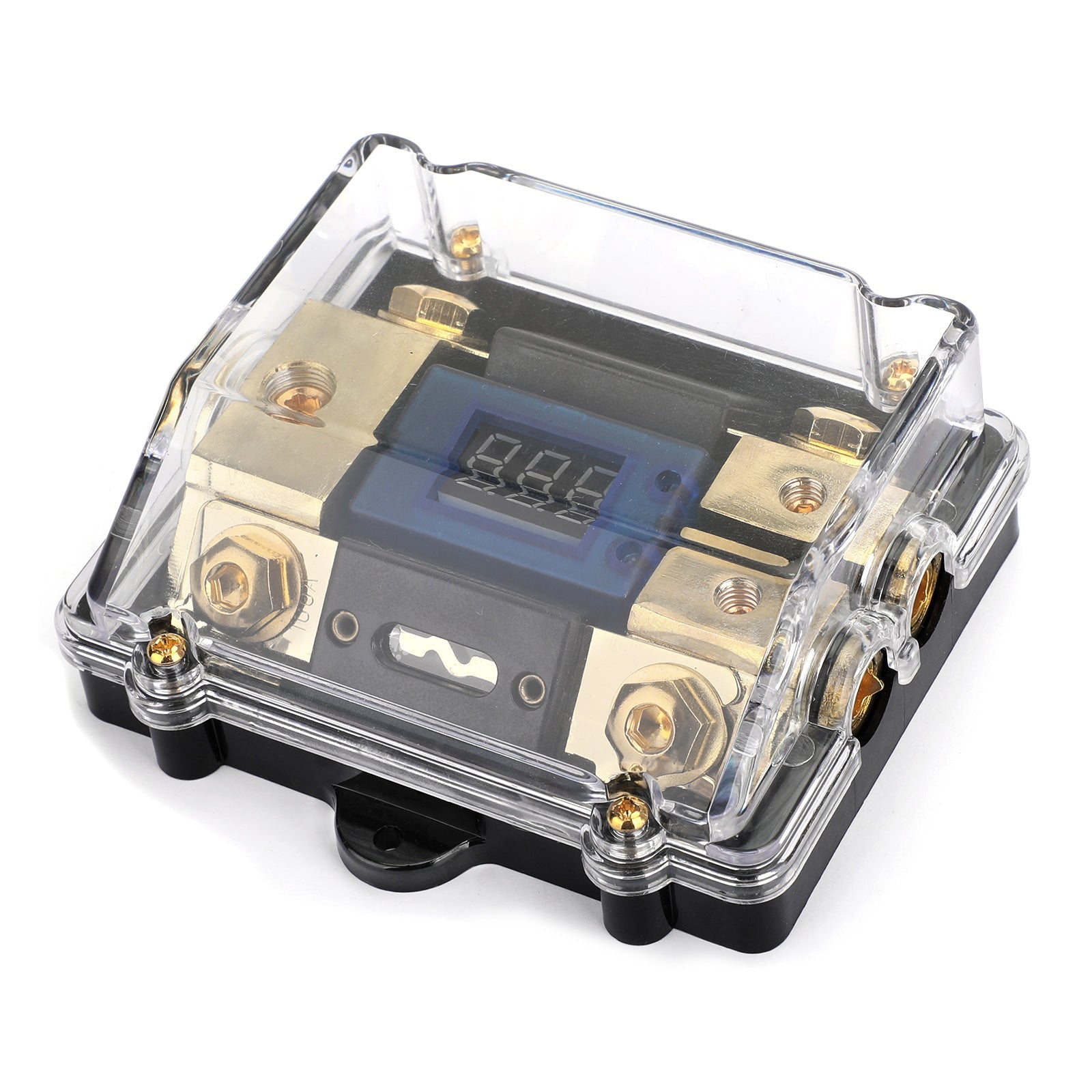 Clear Cover plastic housing LED Display 1x0 IN 2x4GA OUT Distribution Block Fuse Holder Splitter Nickel Plated Heat resistant for Car Audio Marine