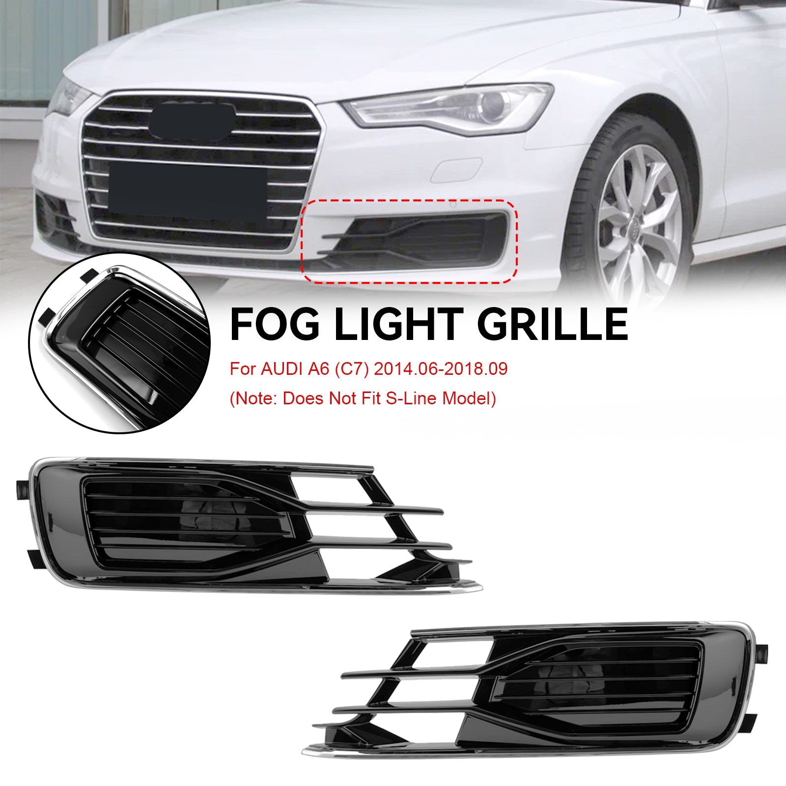 Audi A6 C7 2014-2018 2PCS Front Bumper Foglight Cover Grill Black Chrome