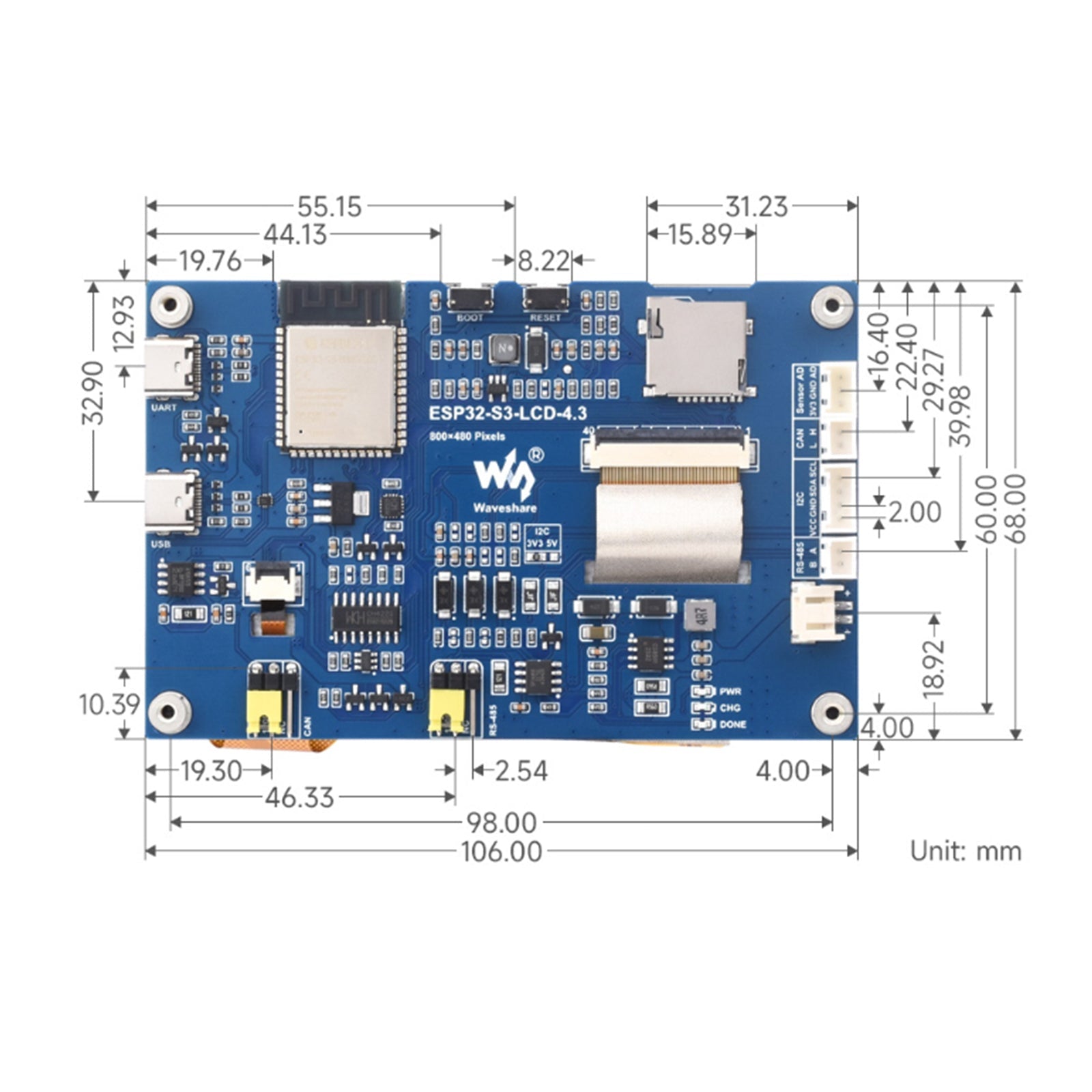 ESP32-S3 ontwikkelingsbord 4,3-inch capacitief touchscreen LX7 Wifi Bluetooth