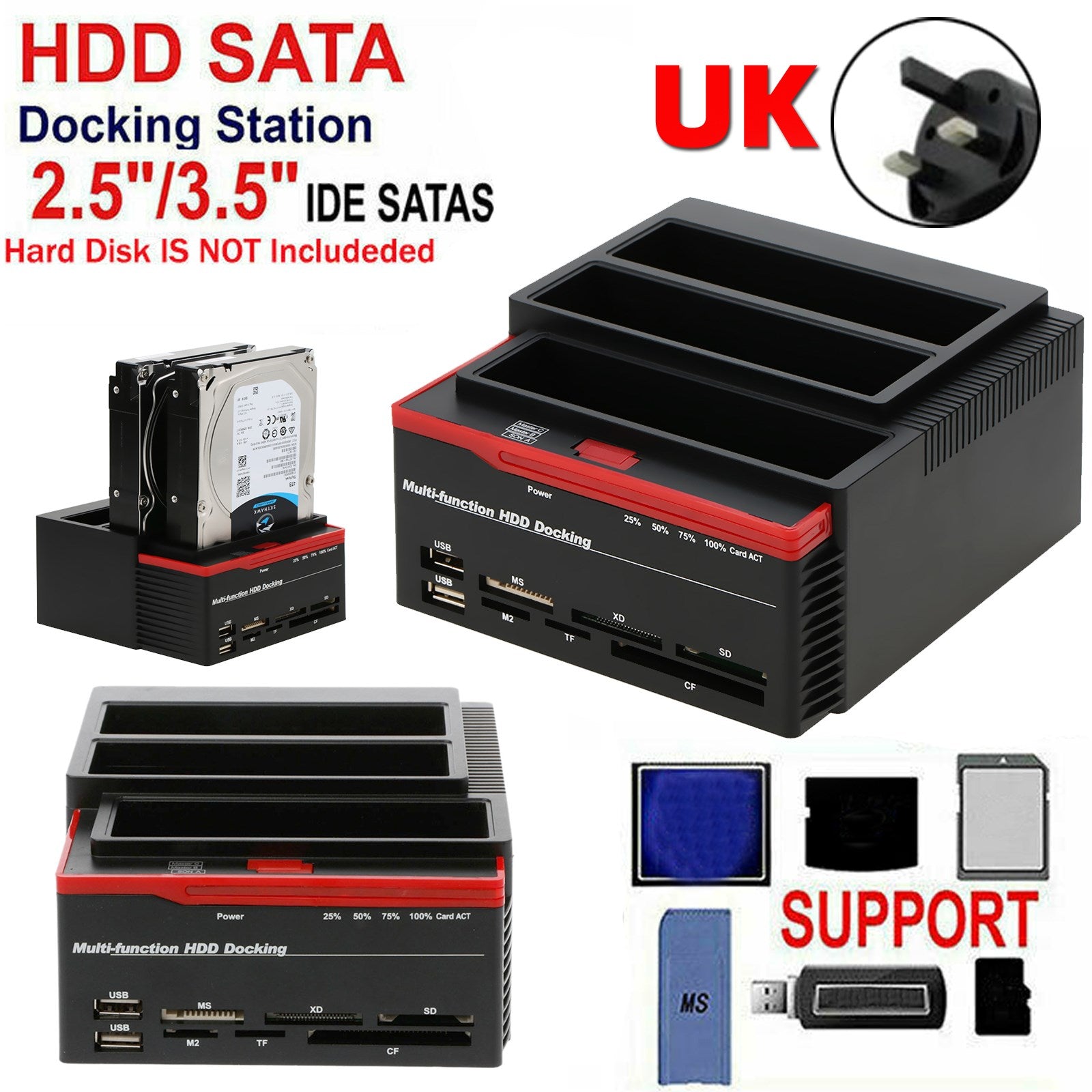 3 HDD Docking Station IDE SATA Dual UKB 3.0 Clone Hard Drive Card Reader UK