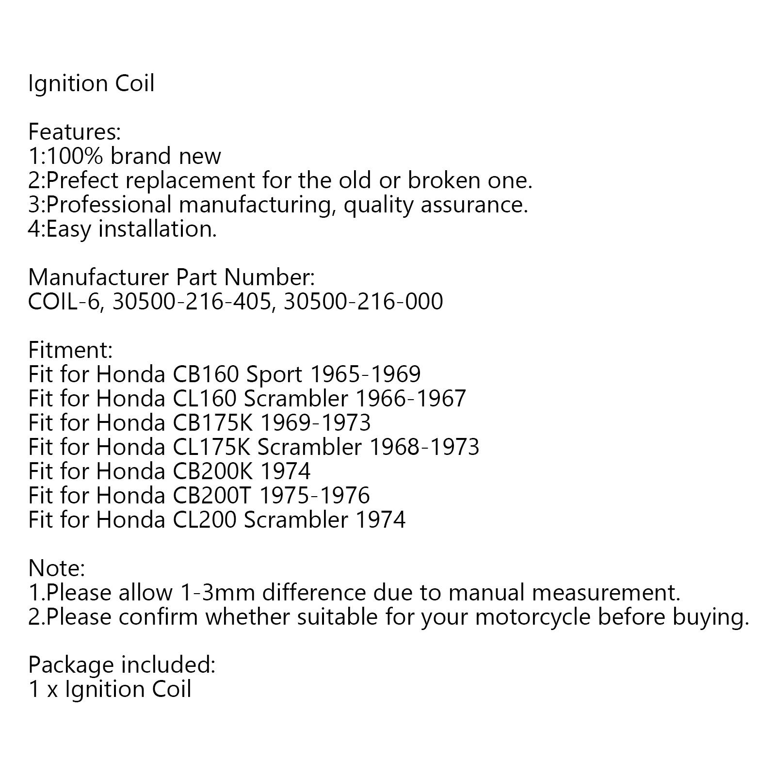 Ignition Coil Models fit for Honda CB160 CL160 CL175 CL200 CB200 30500-216-000 Generic