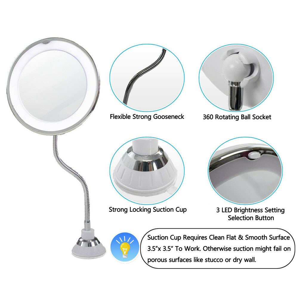 10X Flexible Gooseneck Makeup Mirror with LED Light Bathroom Suction Cup 7"