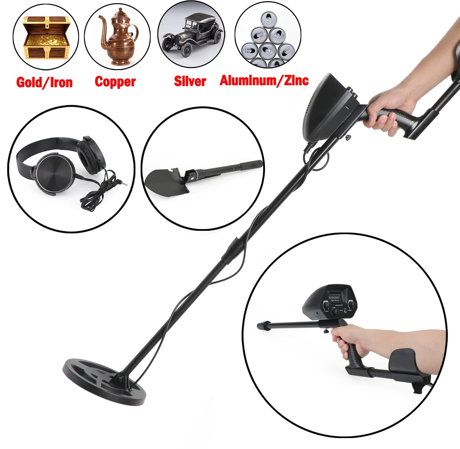 Metal Detector 7.8" Coil Gold Digger Hunter Deep Sensitive Shovel Headphone Kit