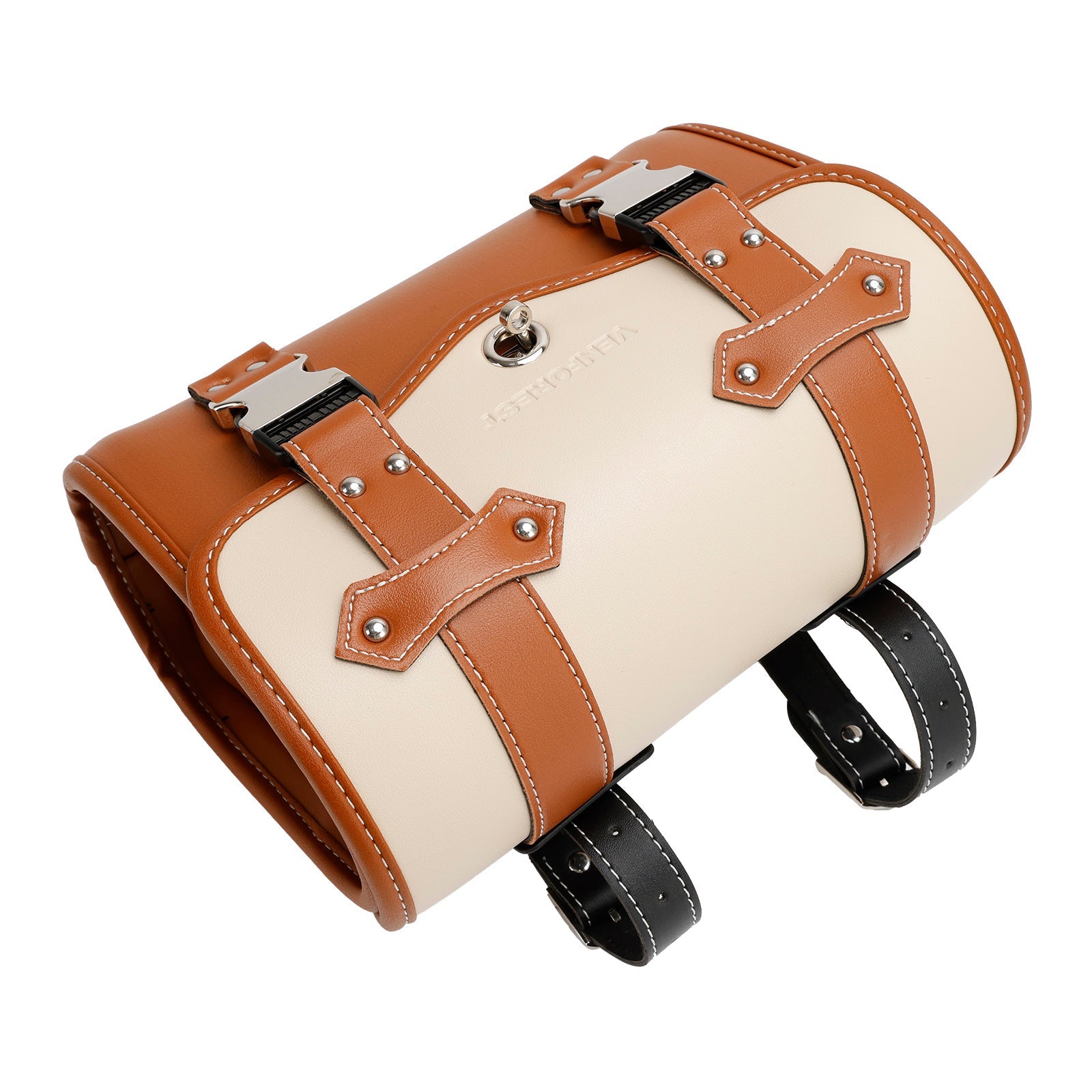 Sacoche de selle latérale, sac à outils de rangement universel, couleur Pu assortie pour moto marron-blanc