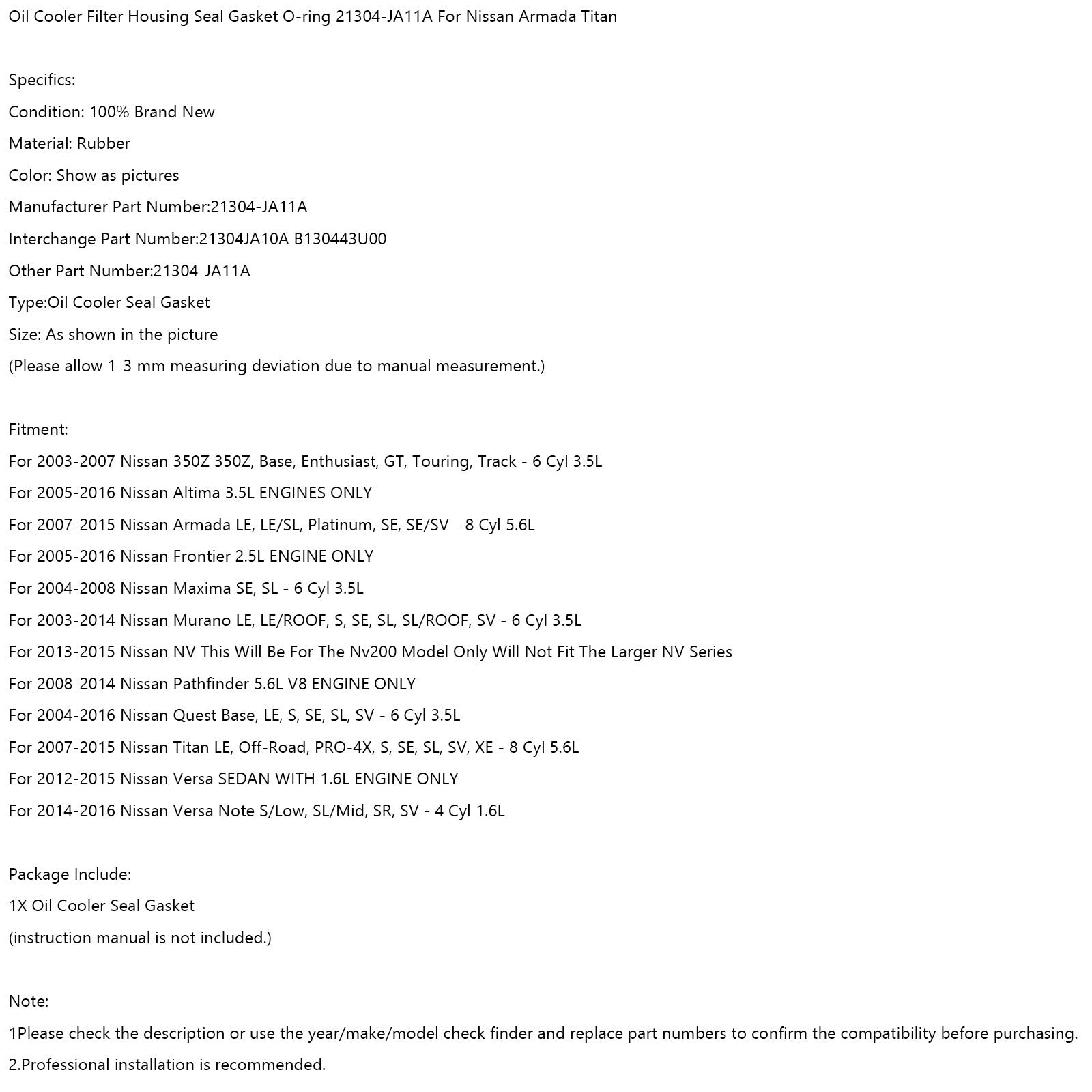 Oil Cooler Filter Housing Seal Gasket O-ring 21304-JA11A For Nissan Armada Titan