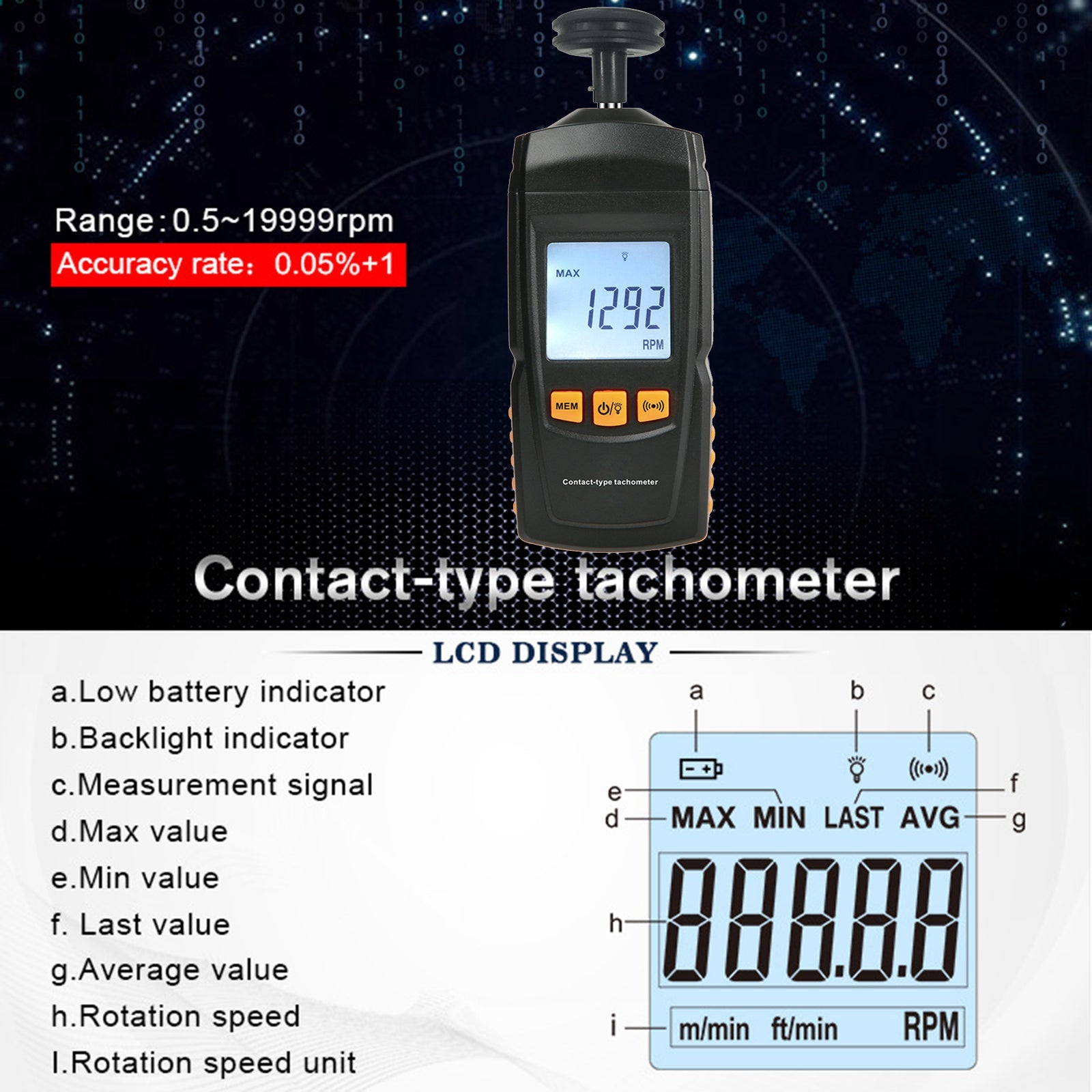 GM8906 Portable Digital Contact Motor Tachometer LCD Speedometer Tach RPM Tester