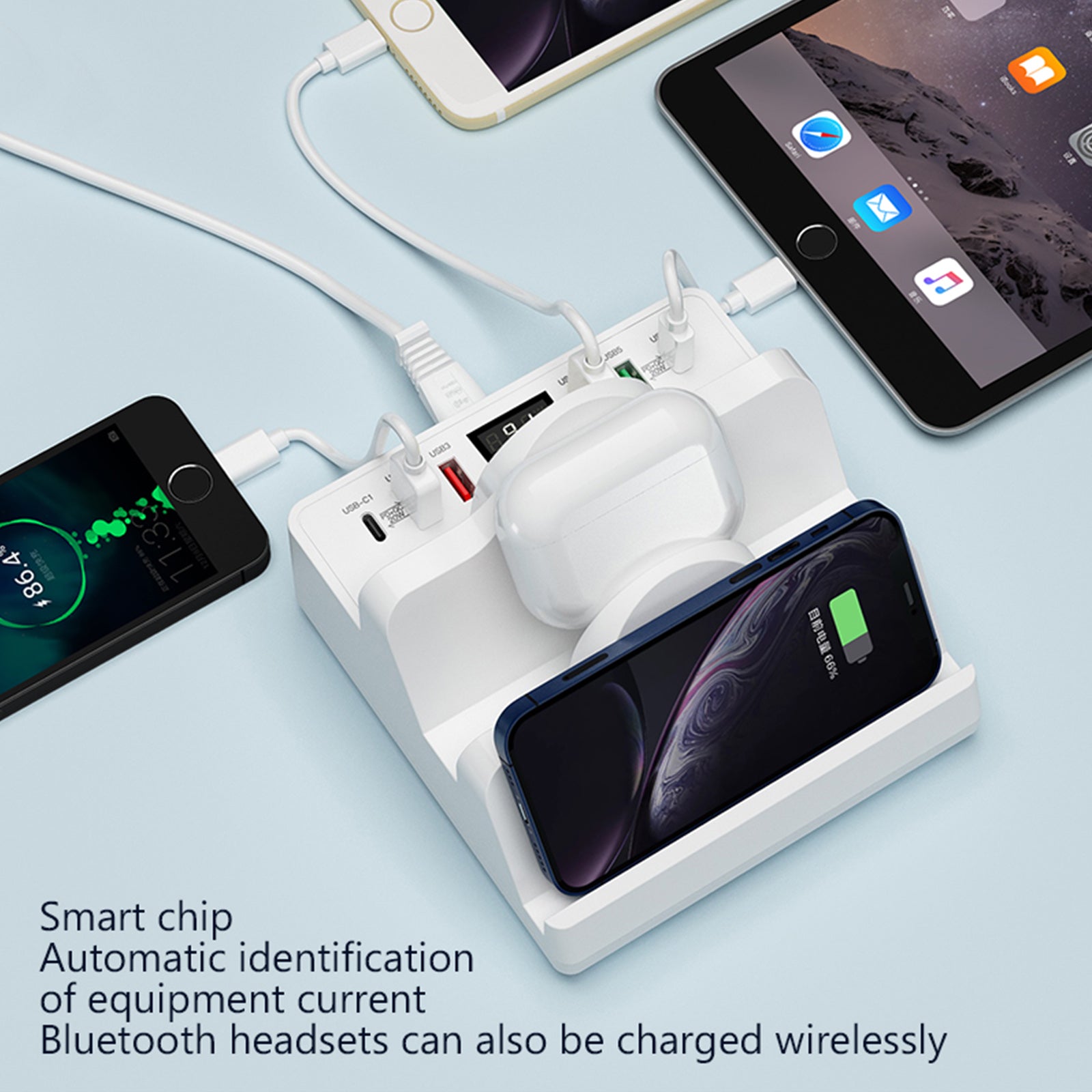 Dual Wireless Charging Station Dock USB 6 Port Multi Charger Holder UK Plug