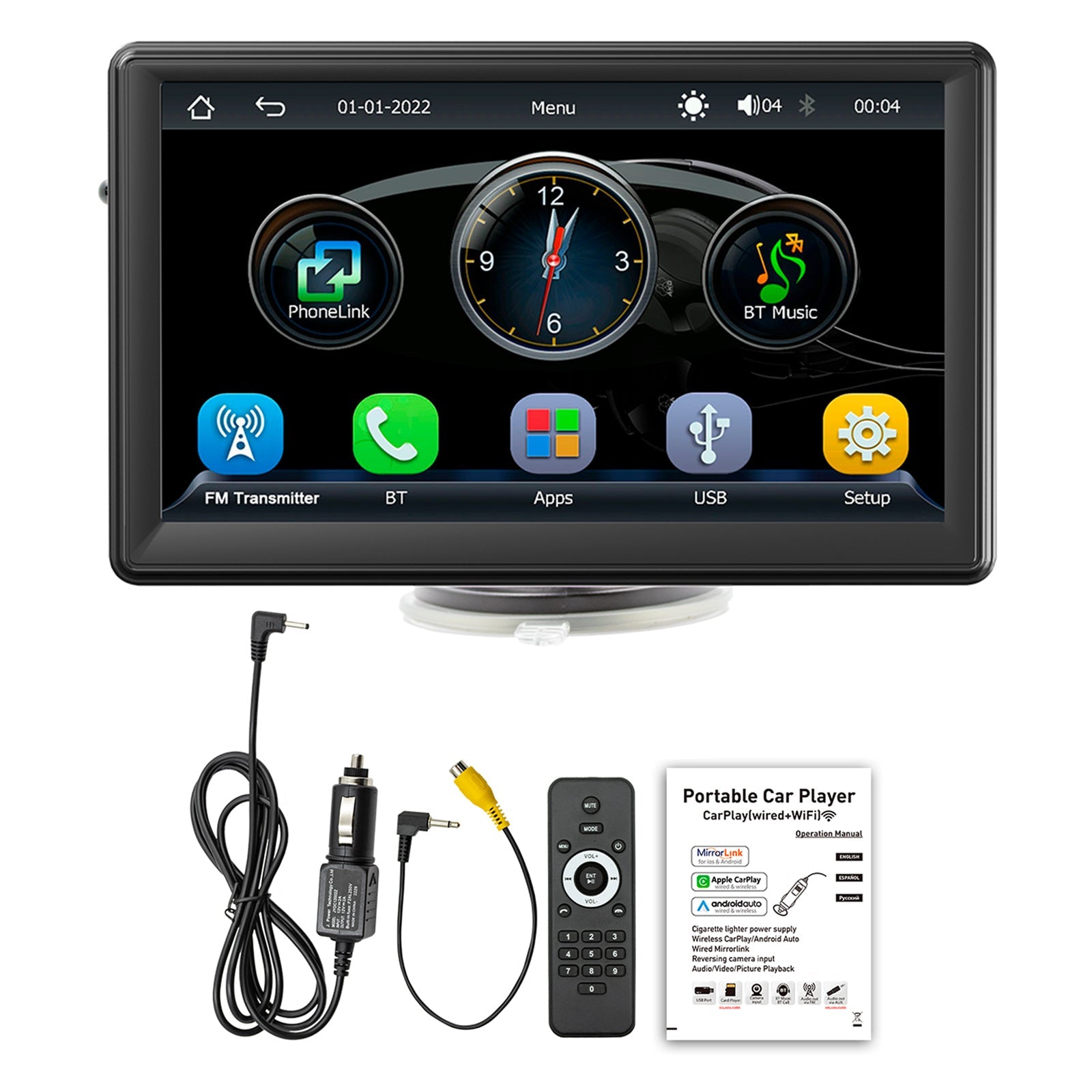 7 "Draadloze Carplay Bluetooth-stereoradio FM-auto-mp5-speler + 4 LED-camera