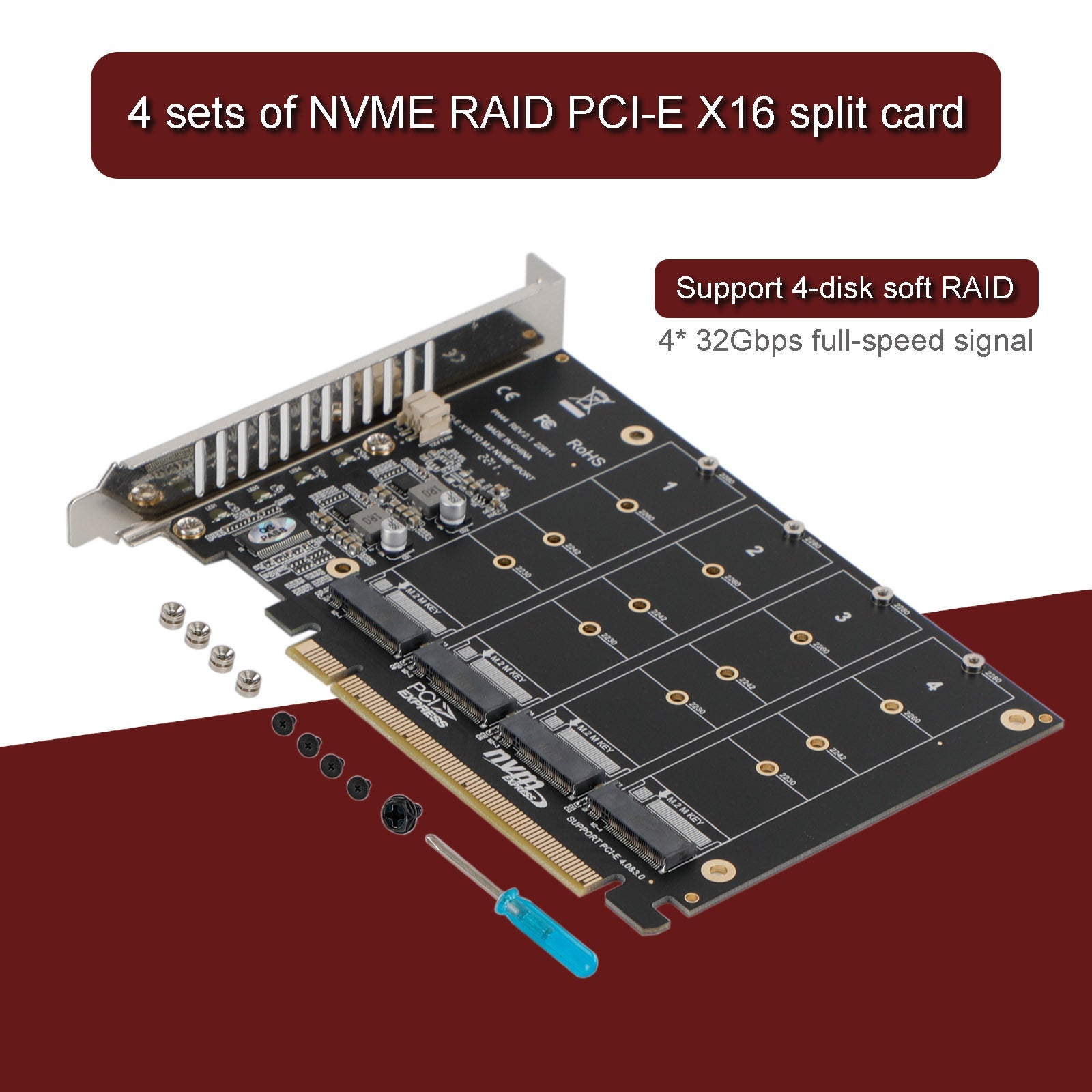 Adaptateur M.2 NVME SSD vers PCI-E 4.0 X16, carte d'extension, prise en charge PH44 2280 2242