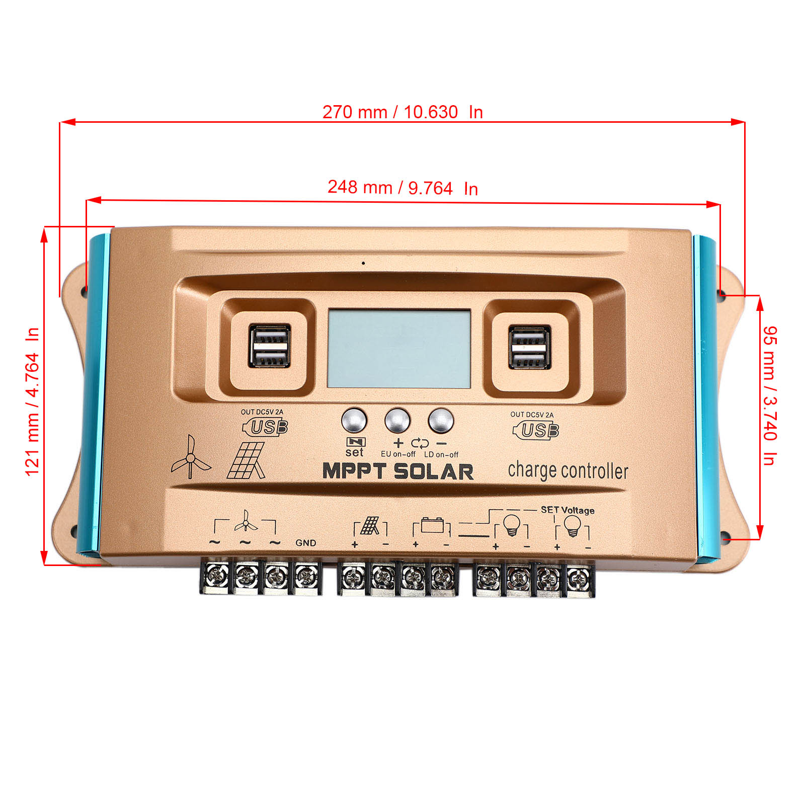 60A MPPT AUTO Dual USB Wind Solar Hybrid Charge Controller Charger 12V-60V