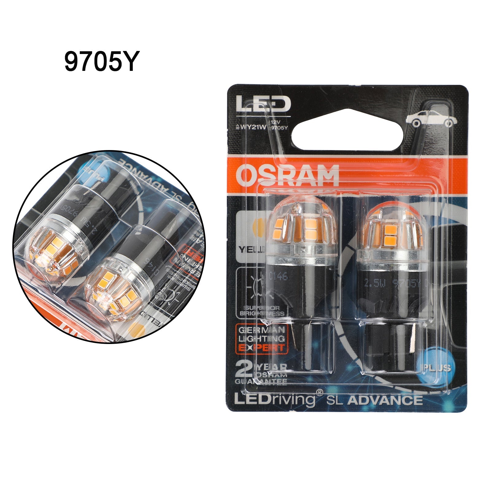 2x For OSRAM 9705Y Car Auxiliary Bulbs LED WY21W 12V2.5W WX3x16d Generic