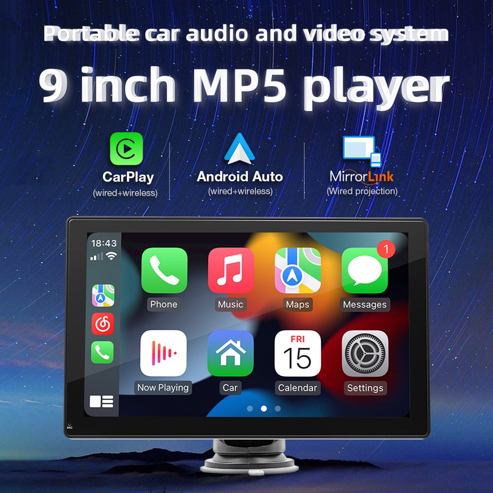 Lecteur MP5 de voiture 9 "Apple Carplay/Android Auto voiture Bluetooth Radio 4 caméra LED