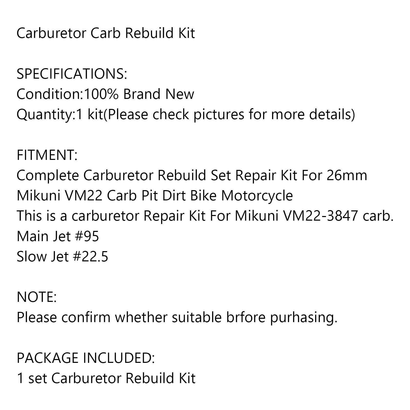 Kit de réparation de reconstruction de carburateur pour Mikuni VM22 Carb Dirt Pit Bike Jet #95 générique 26mm