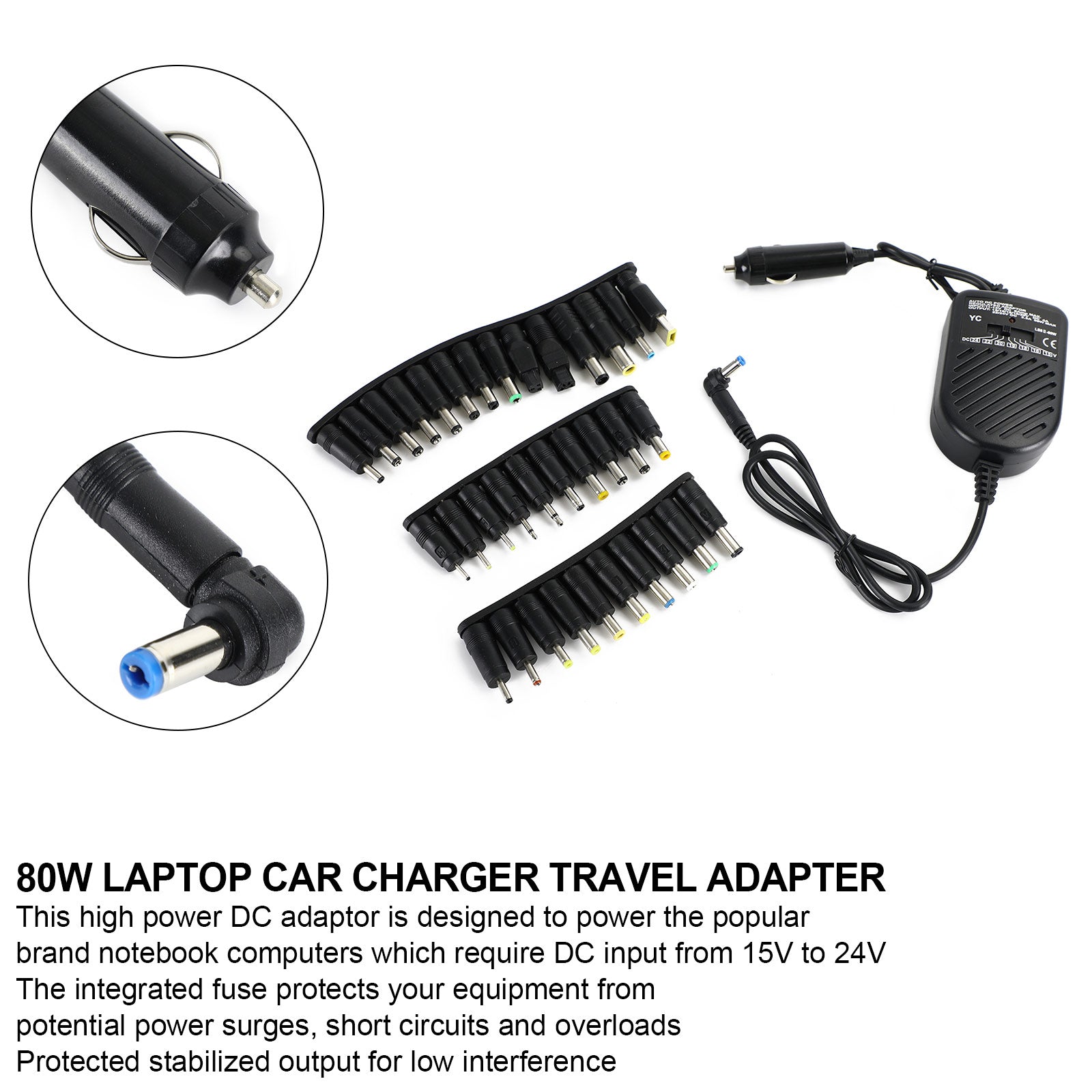 Adaptateur de voyage de chargeur de voiture pour ordinateur portable 12V 80W 34 embouts universels pour ordinateur portable