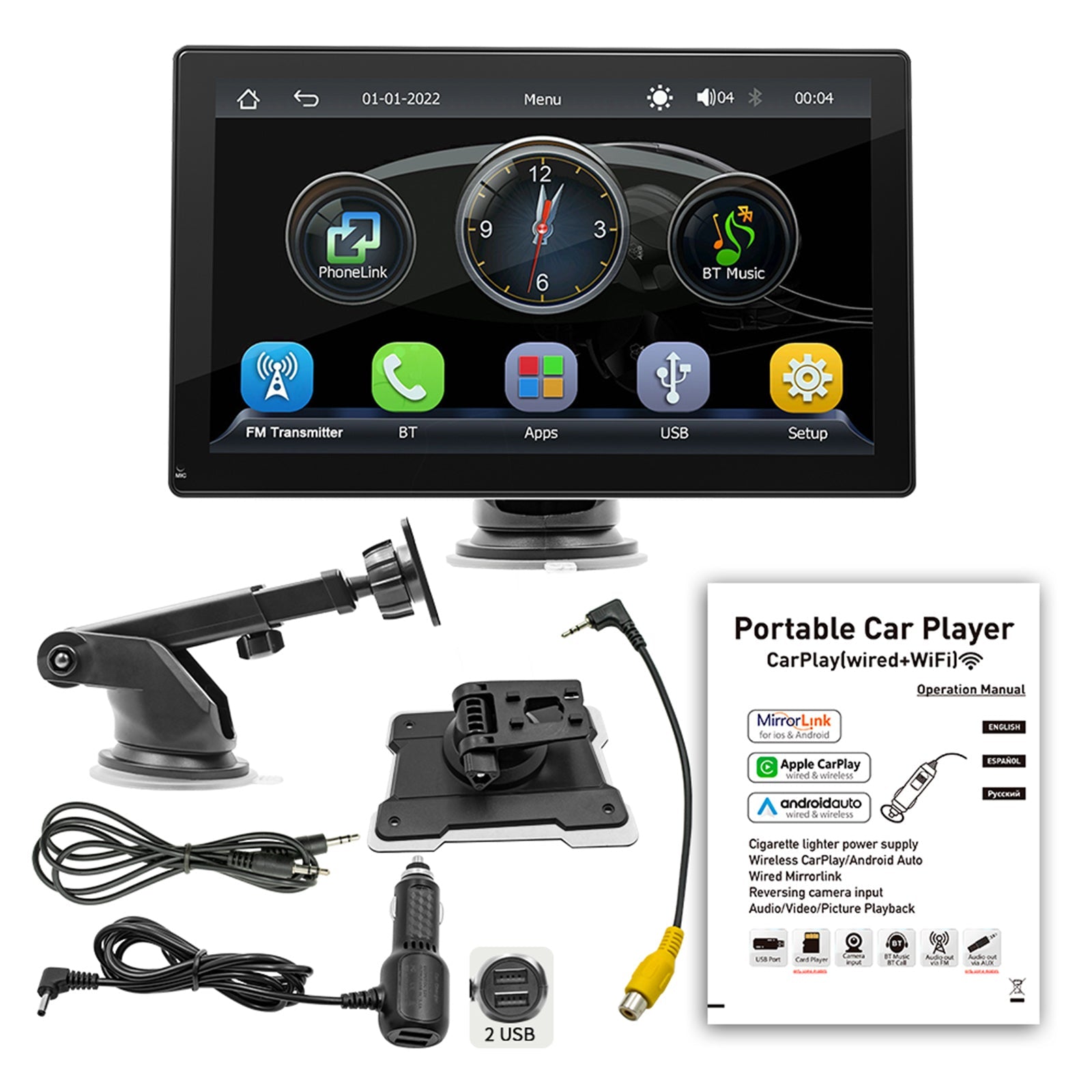 Lecteur MP5 de voiture 9 "Apple Carplay/Android Auto voiture Bluetooth Radio 4 caméra LED