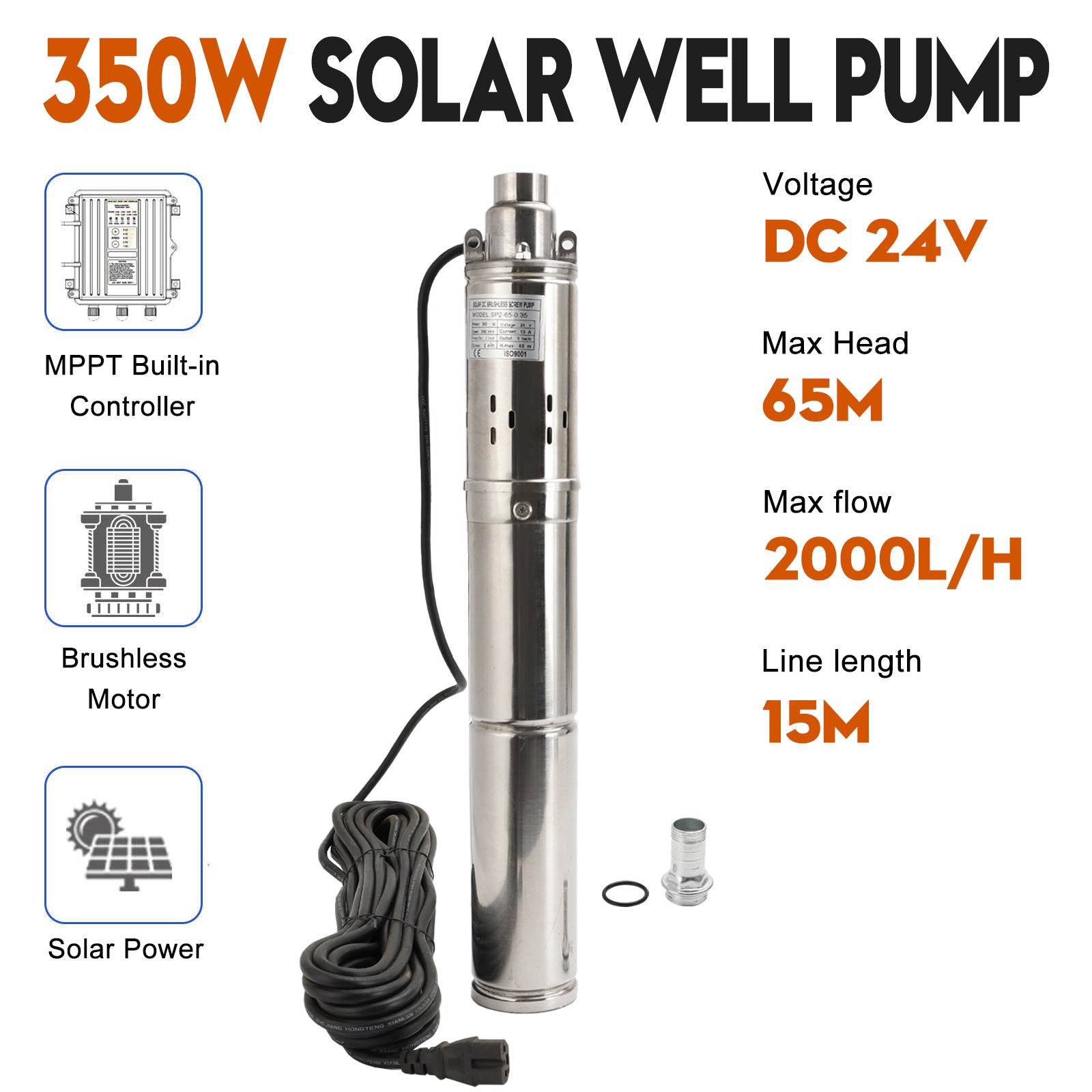 3" 24V 350W MPPT Screw Solar Bore Pump Submersible Deep Well Hole Steel