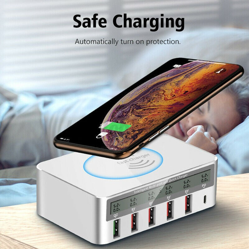 Station de chargeur USB rapide multiport avec chargeur sans fil, écran LCD, ue