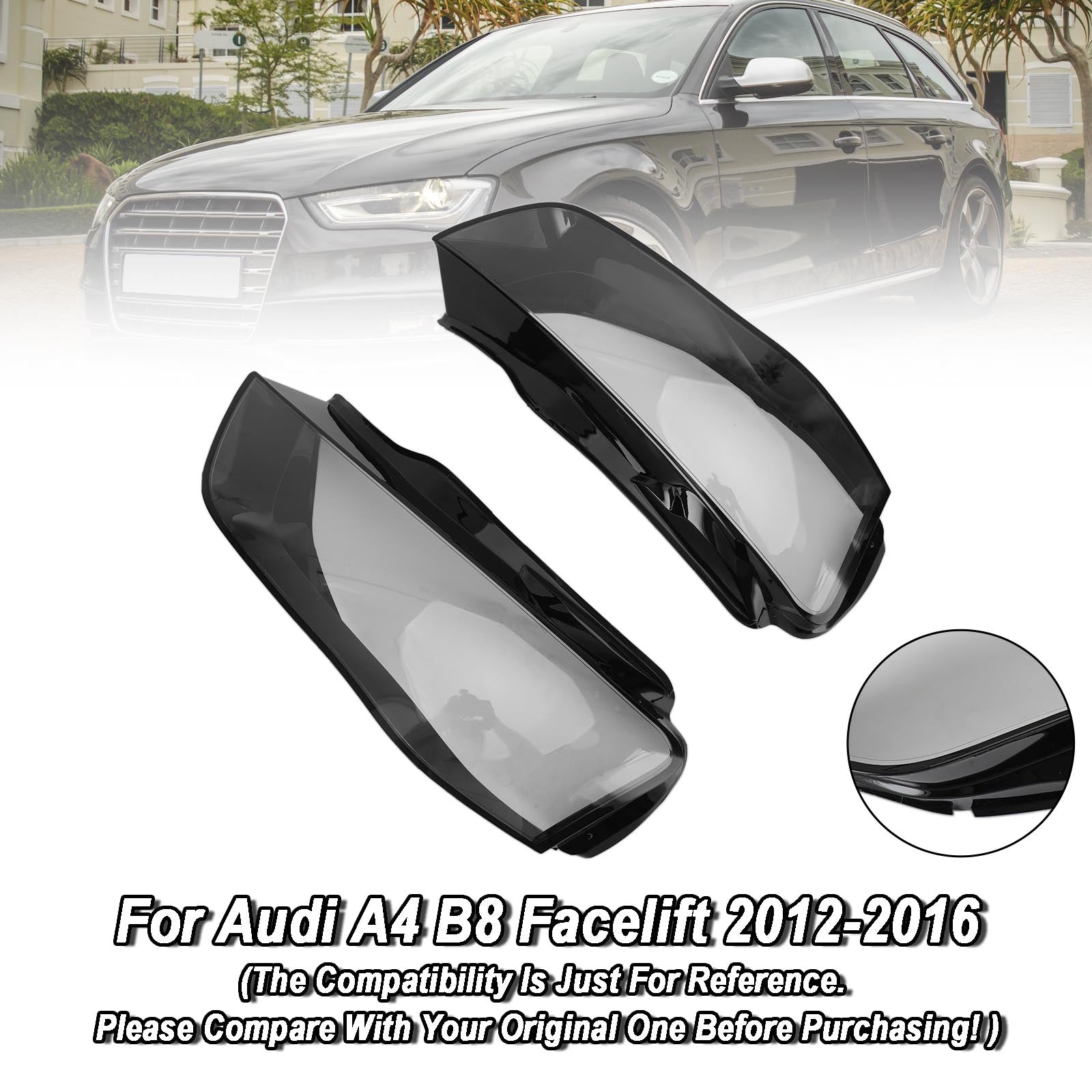 2012-2016 Audi A4 B8 Facelift Headlight Lens Plastic Cover Shell Left +Right