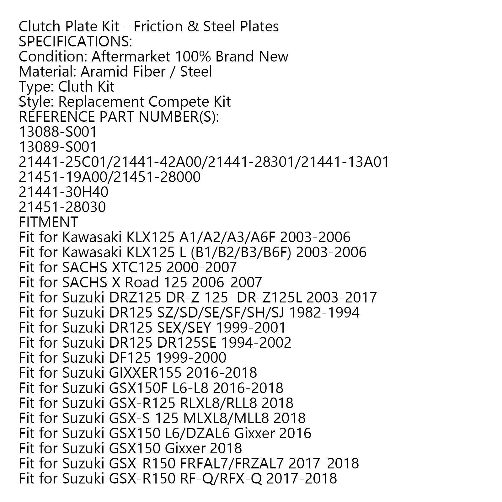 Clutchsett stål og friksjonsplater passer for Kawasaki KLX125 Suzuki GN125 GSX-R150 Generic