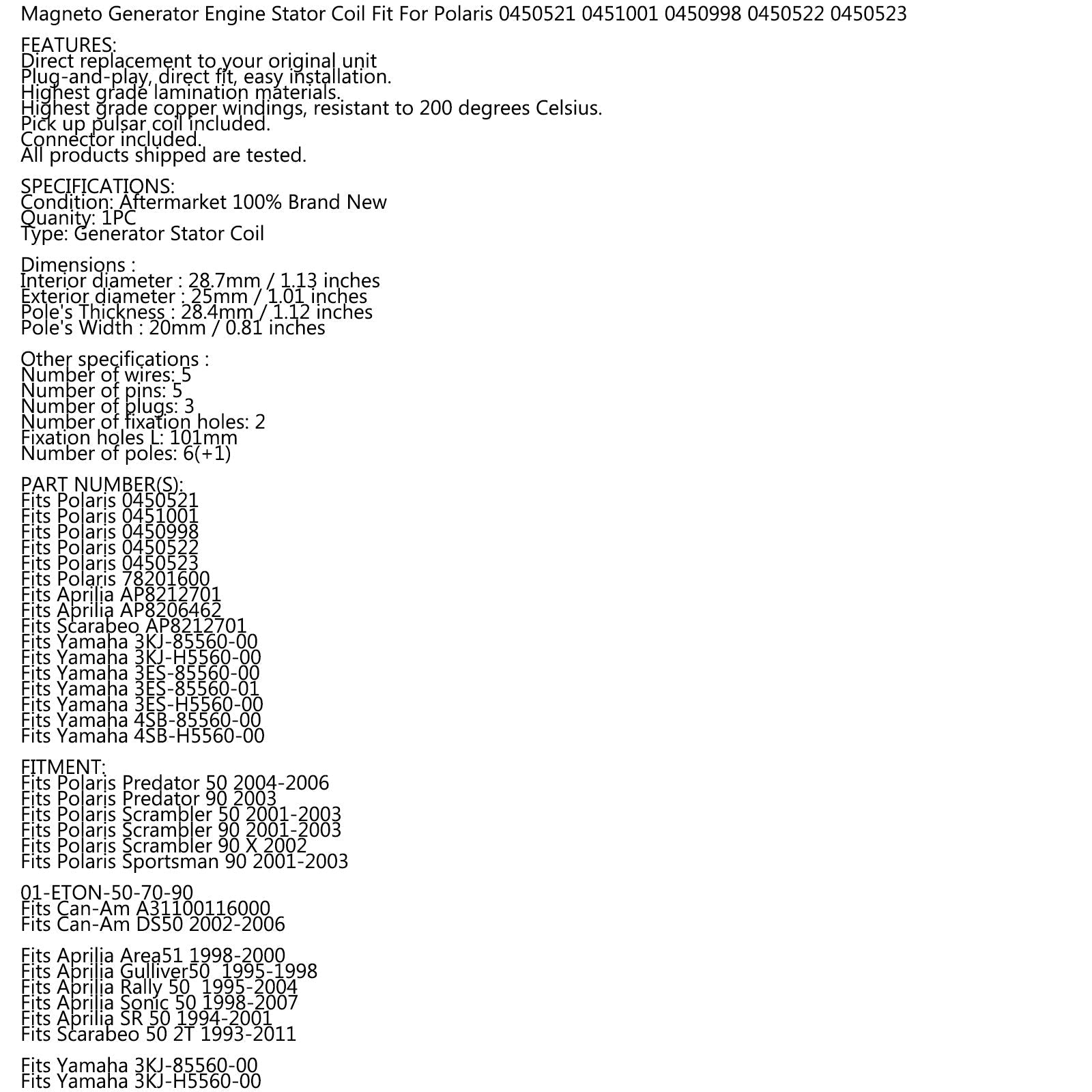 Statorgenerator voor Polaris Kids ATV 0451001 0450521 0450998 0450522 0450523 Generiek