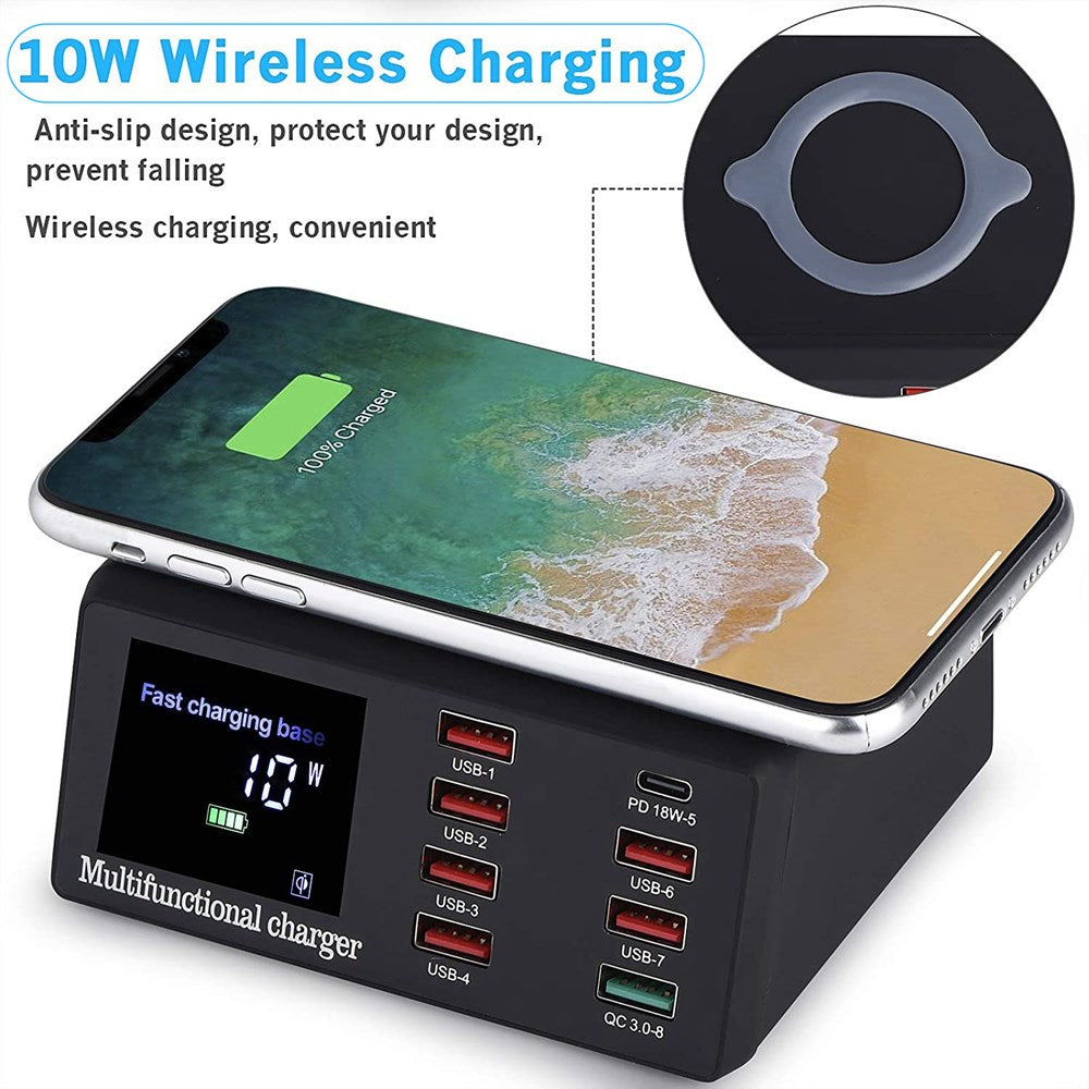 100W PD Fast Charger 8 Ports USB Charger QC 3.0 Adapter HUB Wireless Charger UK