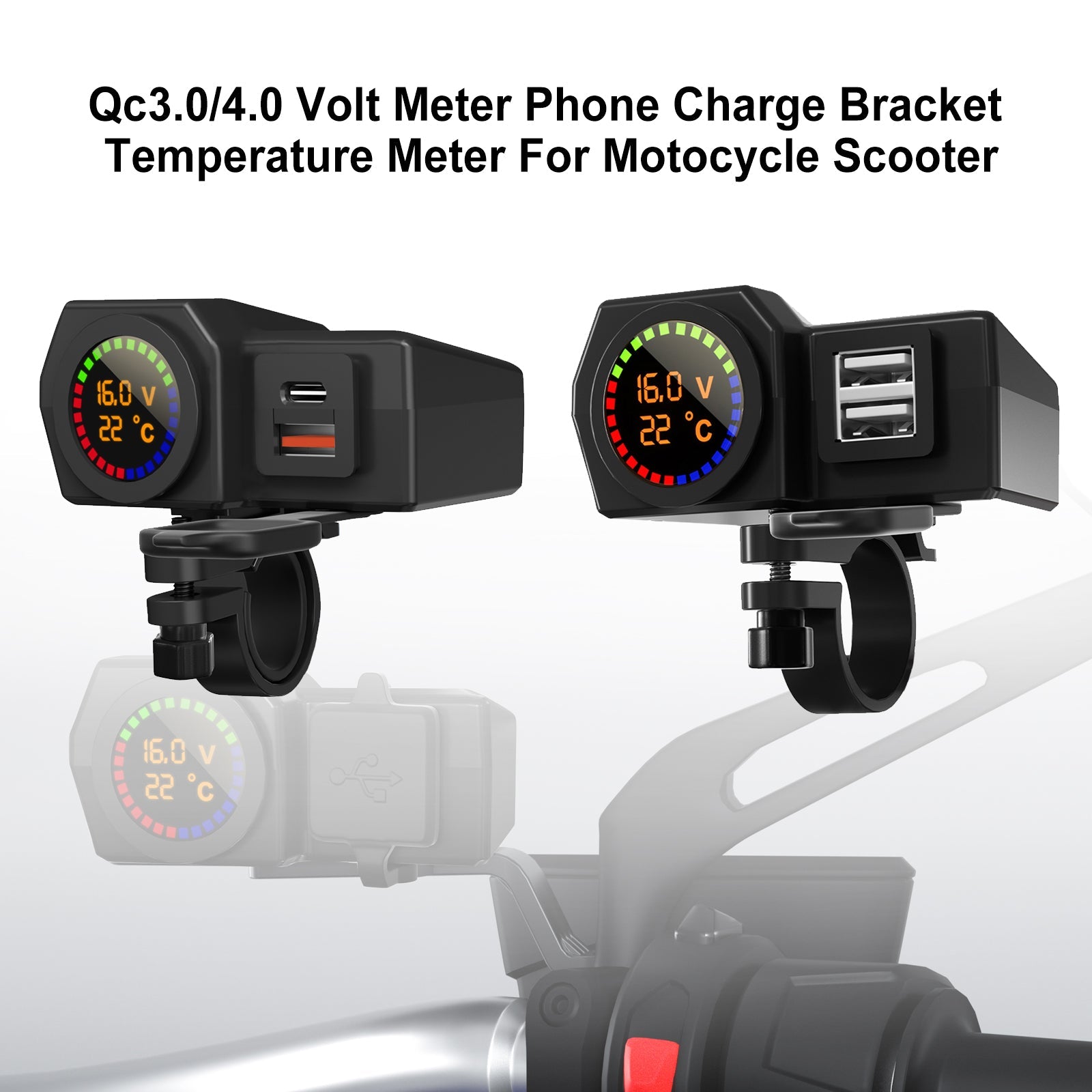 Qc3.0 Voltmeter Telefoonoplader Beugel Temperatuurmeter voor motorfiets-scooter Zwart Generiek